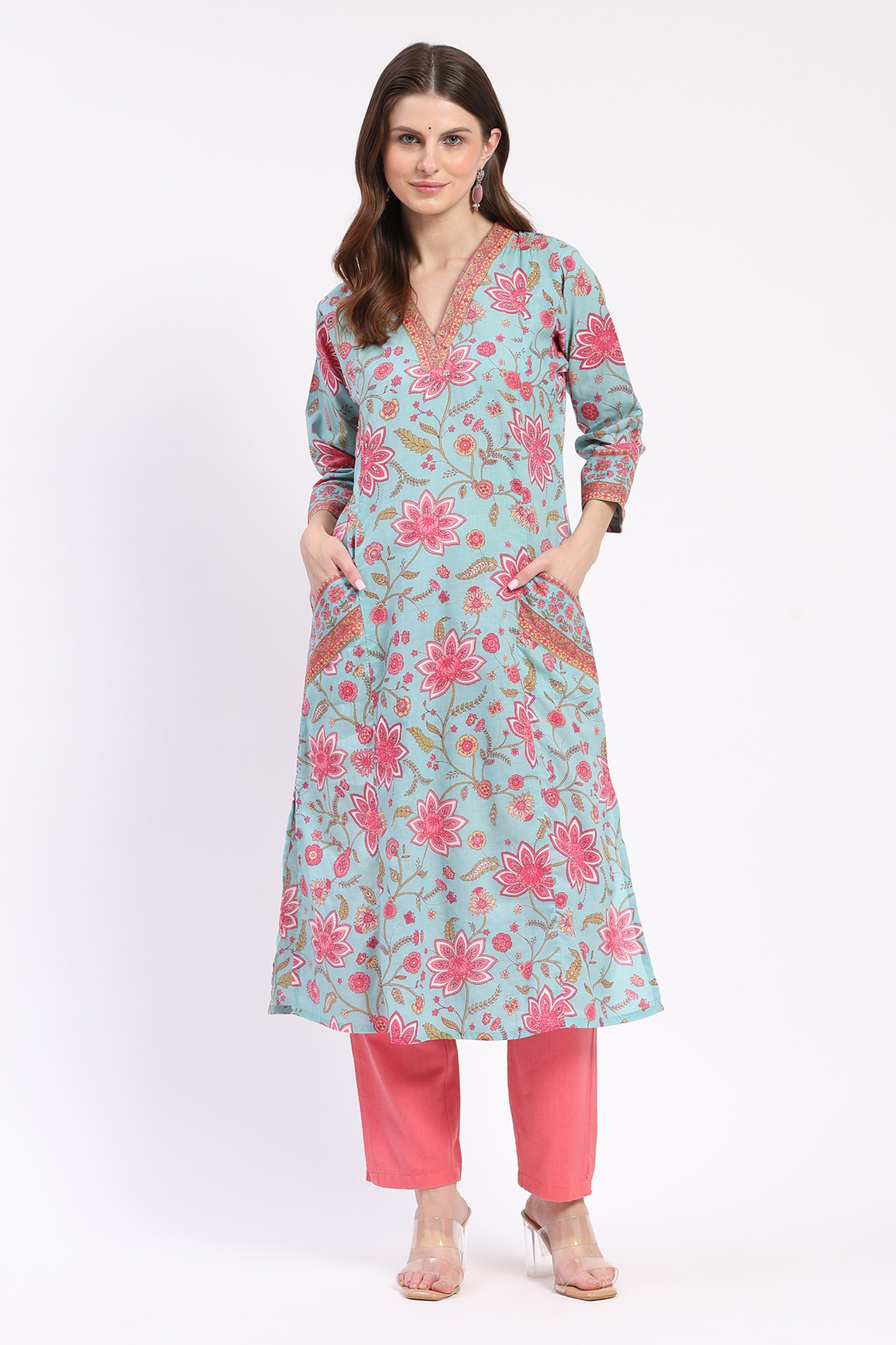 Multi Floral Cotton Kurta with Pockets