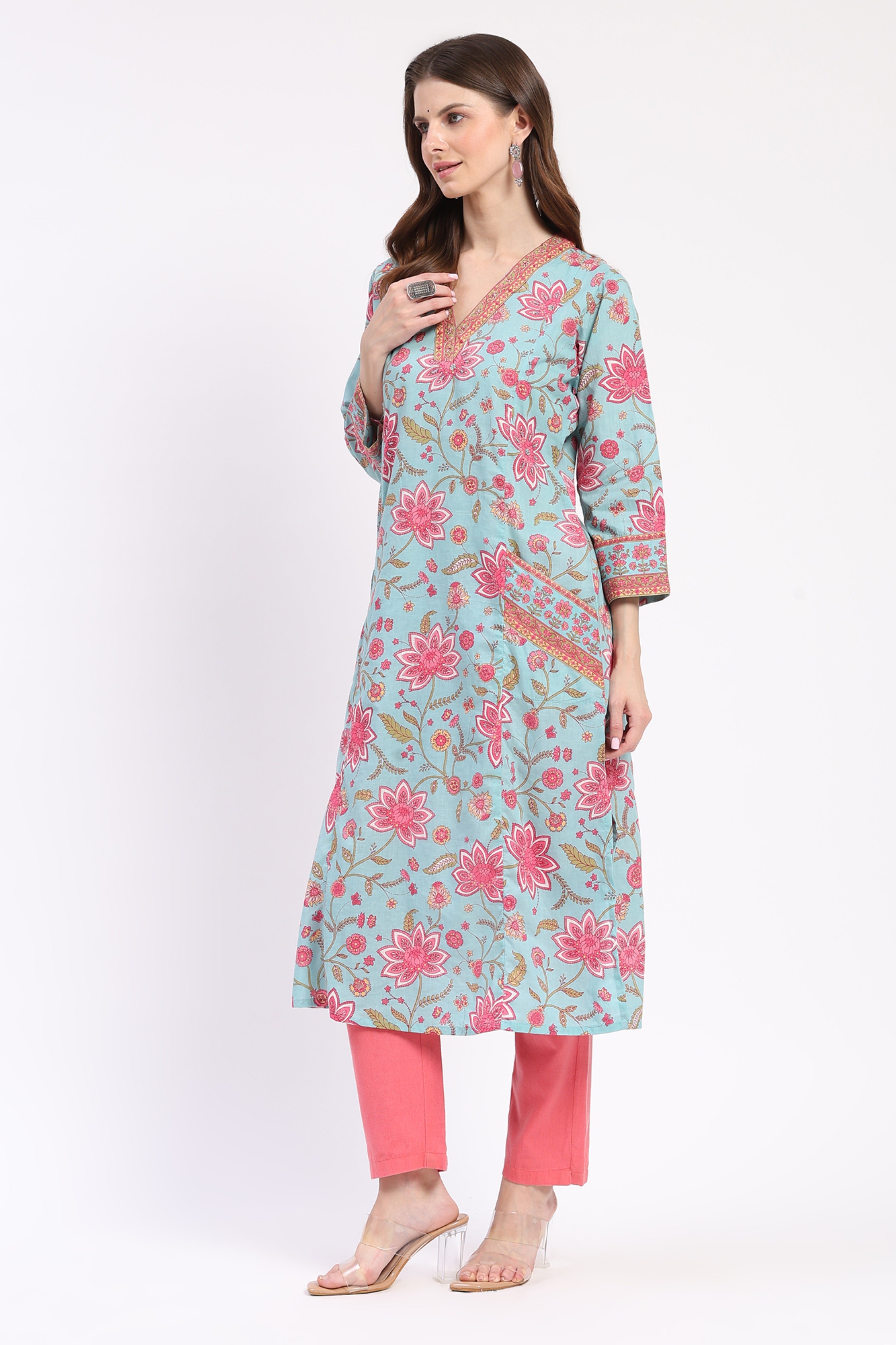 Multi Floral Cotton Kurta with Pockets