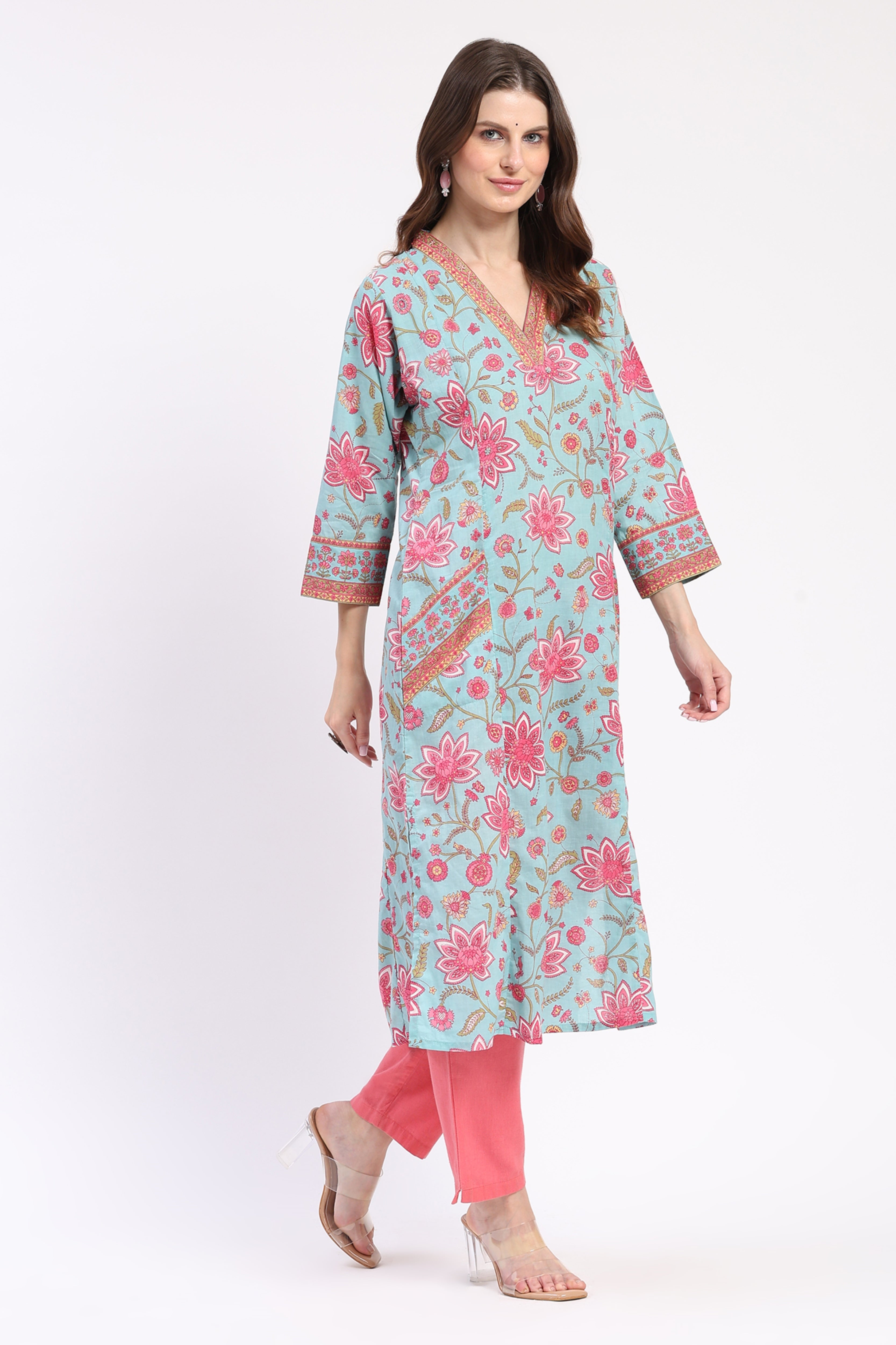 Multi Floral Cotton Kurta with Pockets