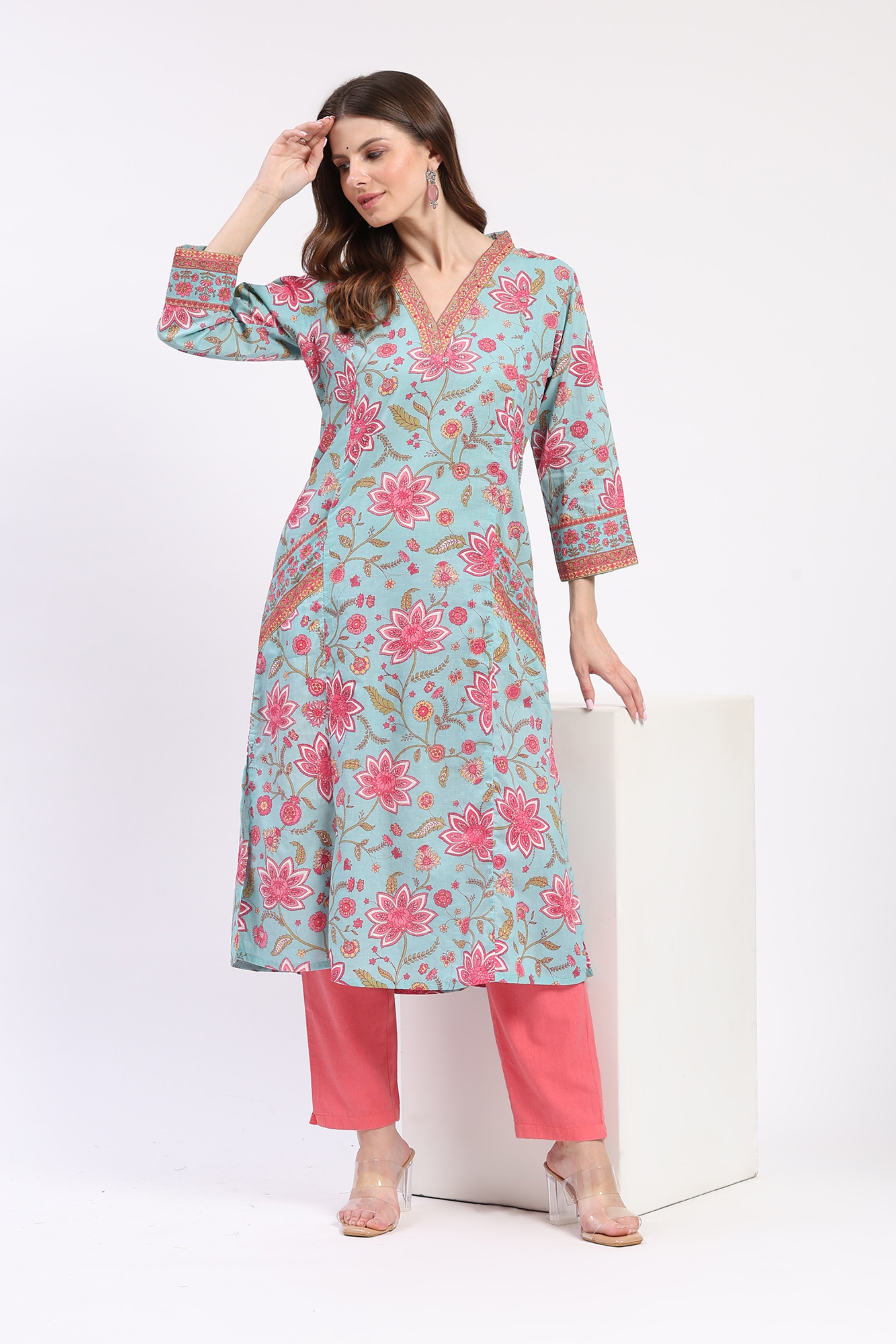 Multi Floral Cotton Kurta with Pockets
