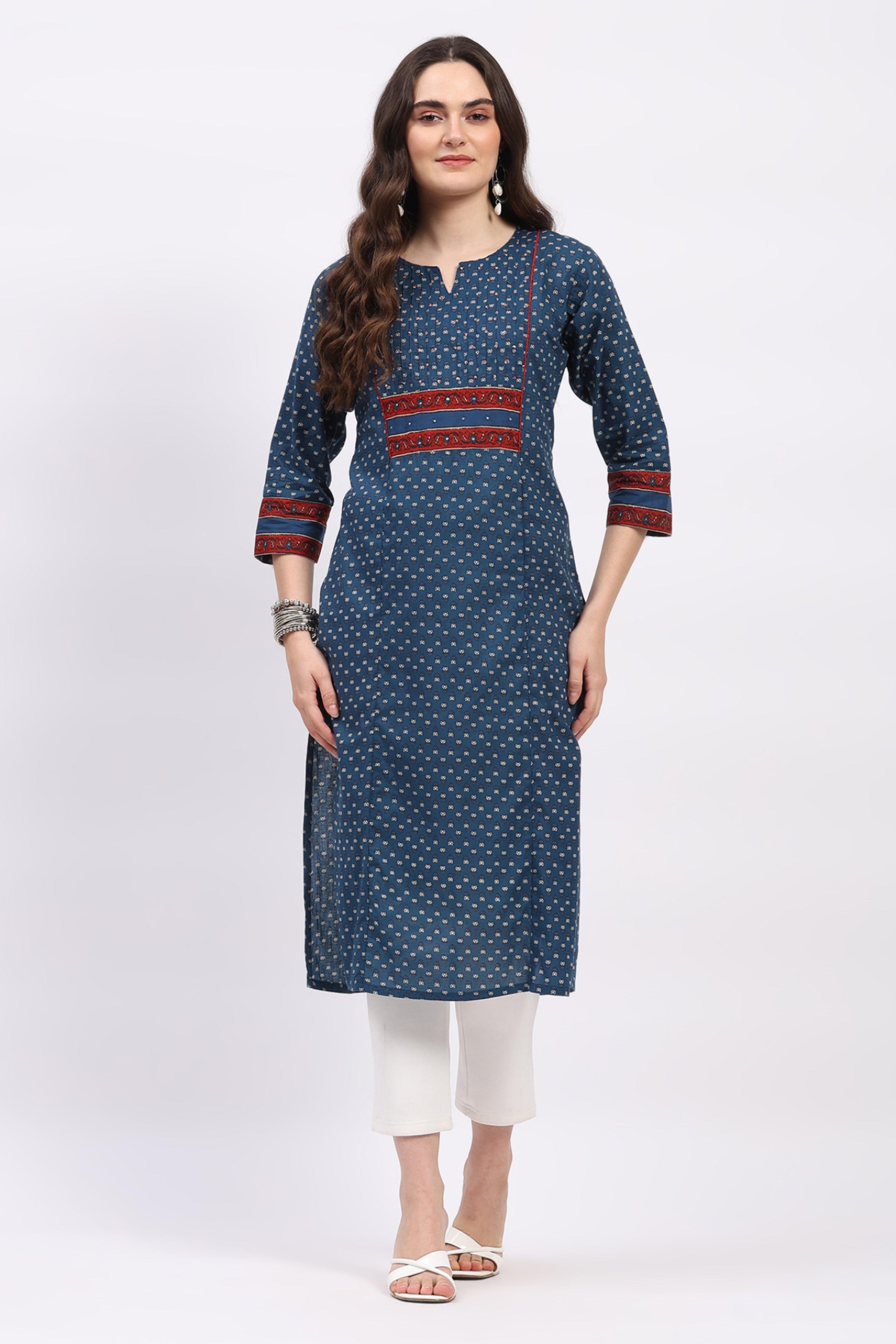 Blue Cotton Pintuck Embellished Kurta
