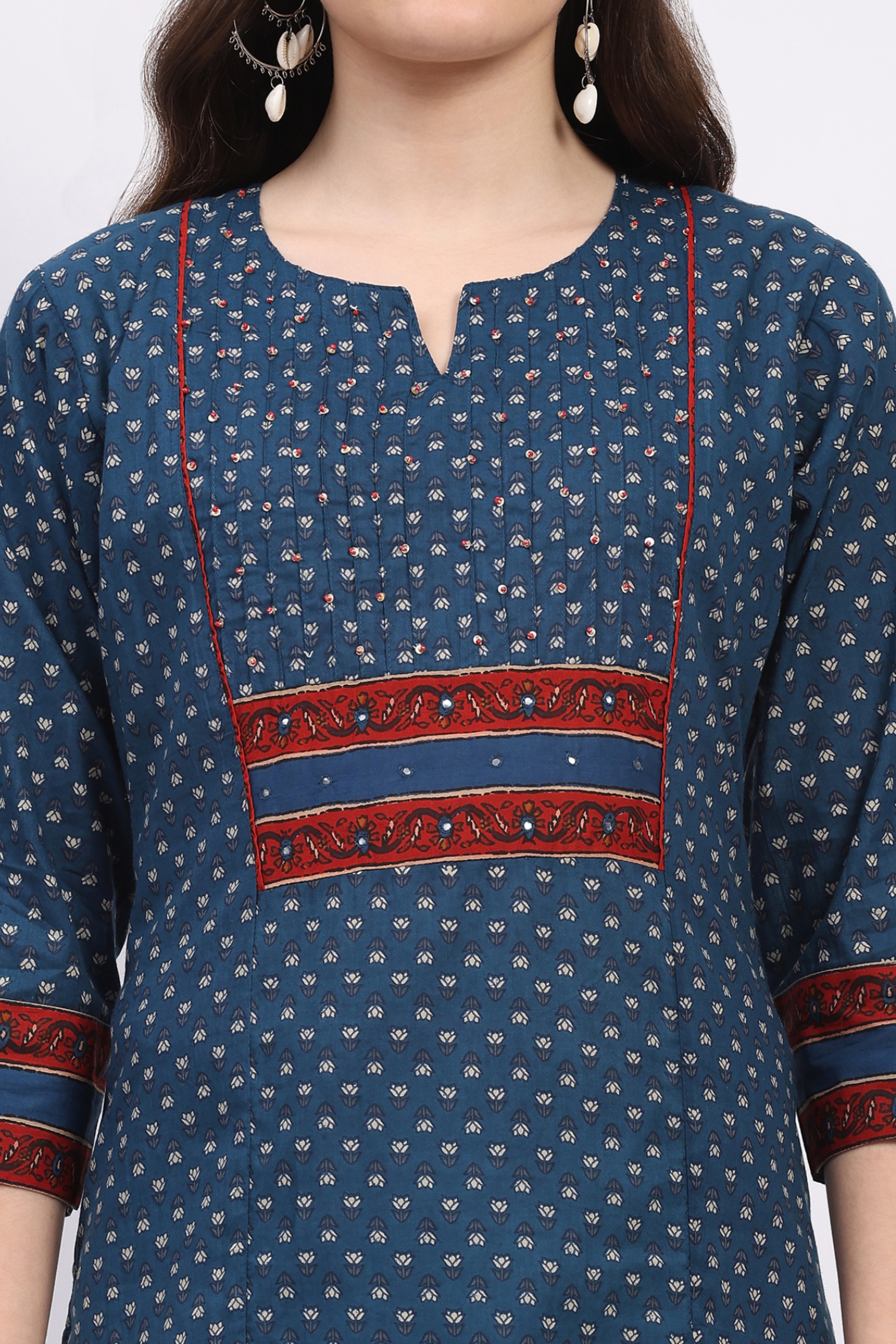 Blue Cotton Pintuck Embellished Kurta