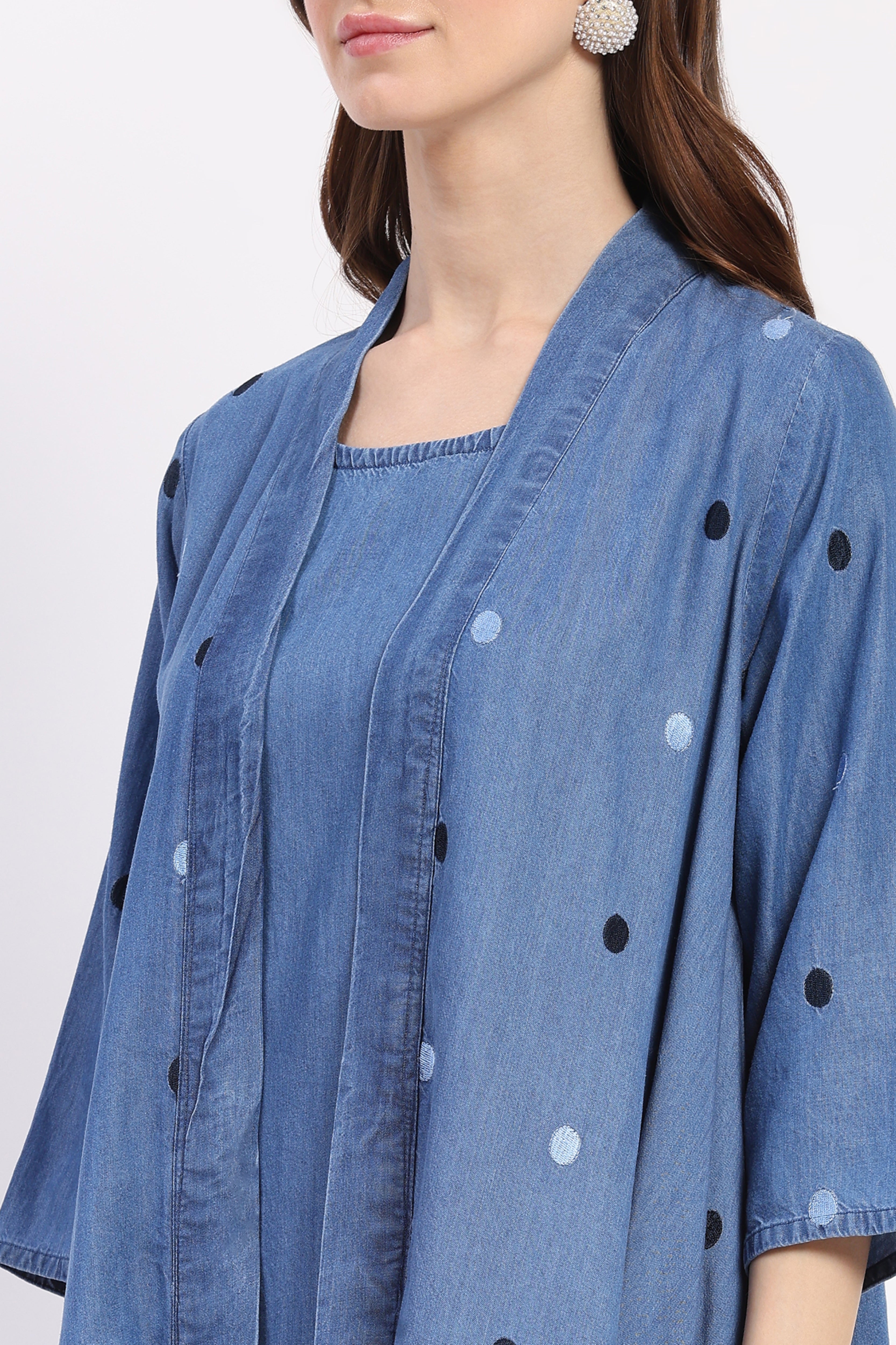 Blue Chambray Embroidered Dress with Shrug