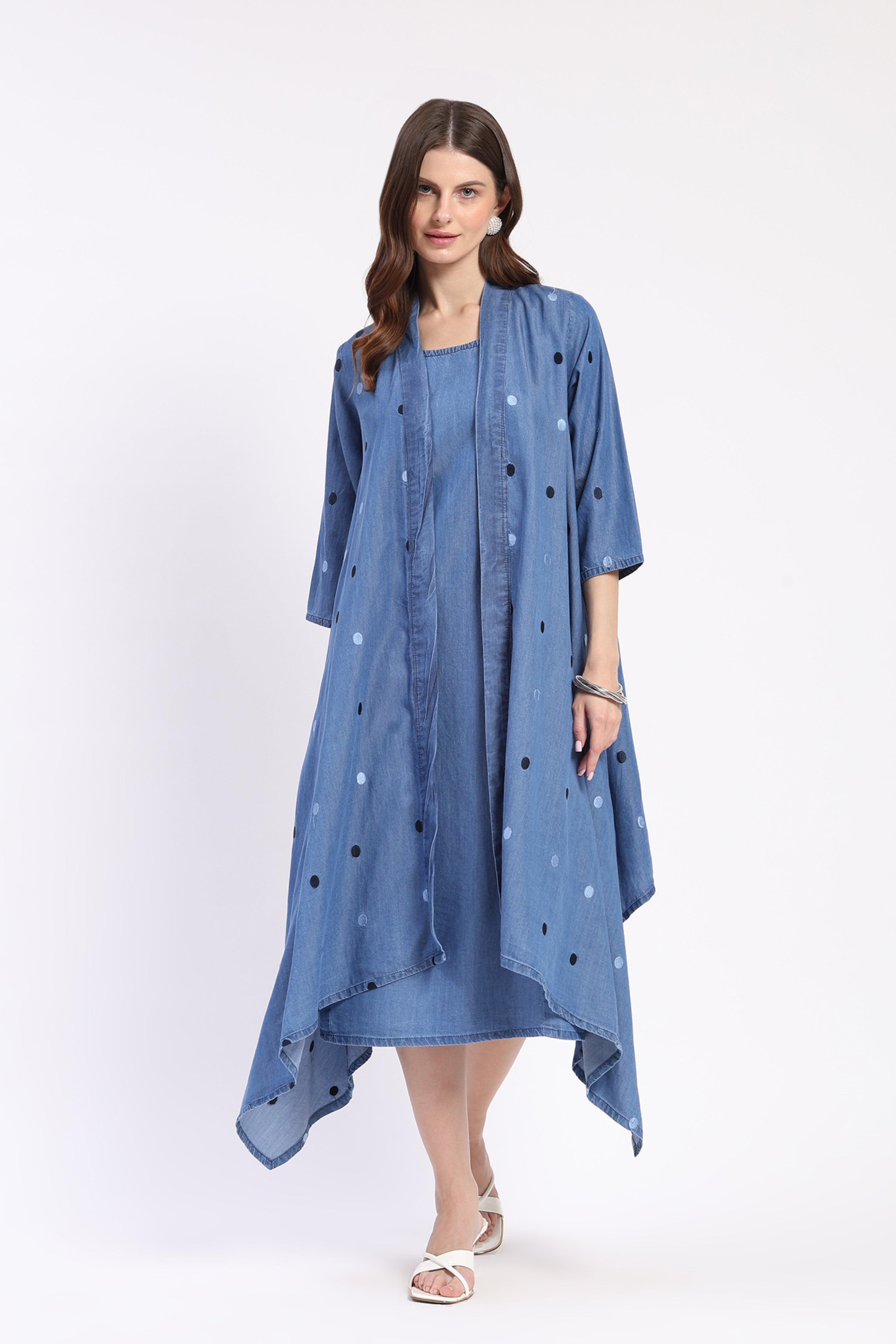 Blue Chambray Embroidered Dress with Shrug