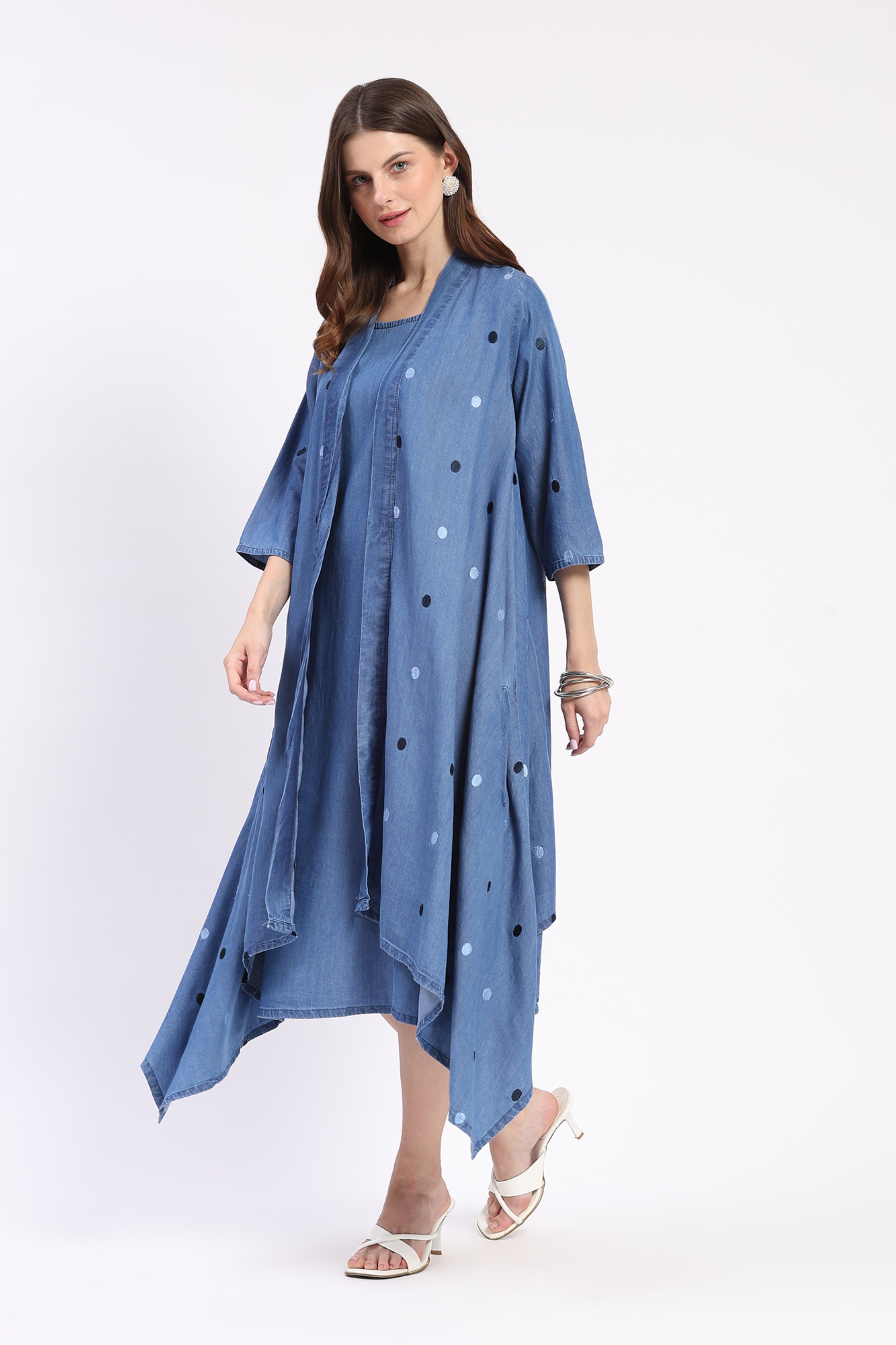 Blue Chambray Embroidered Dress with Shrug