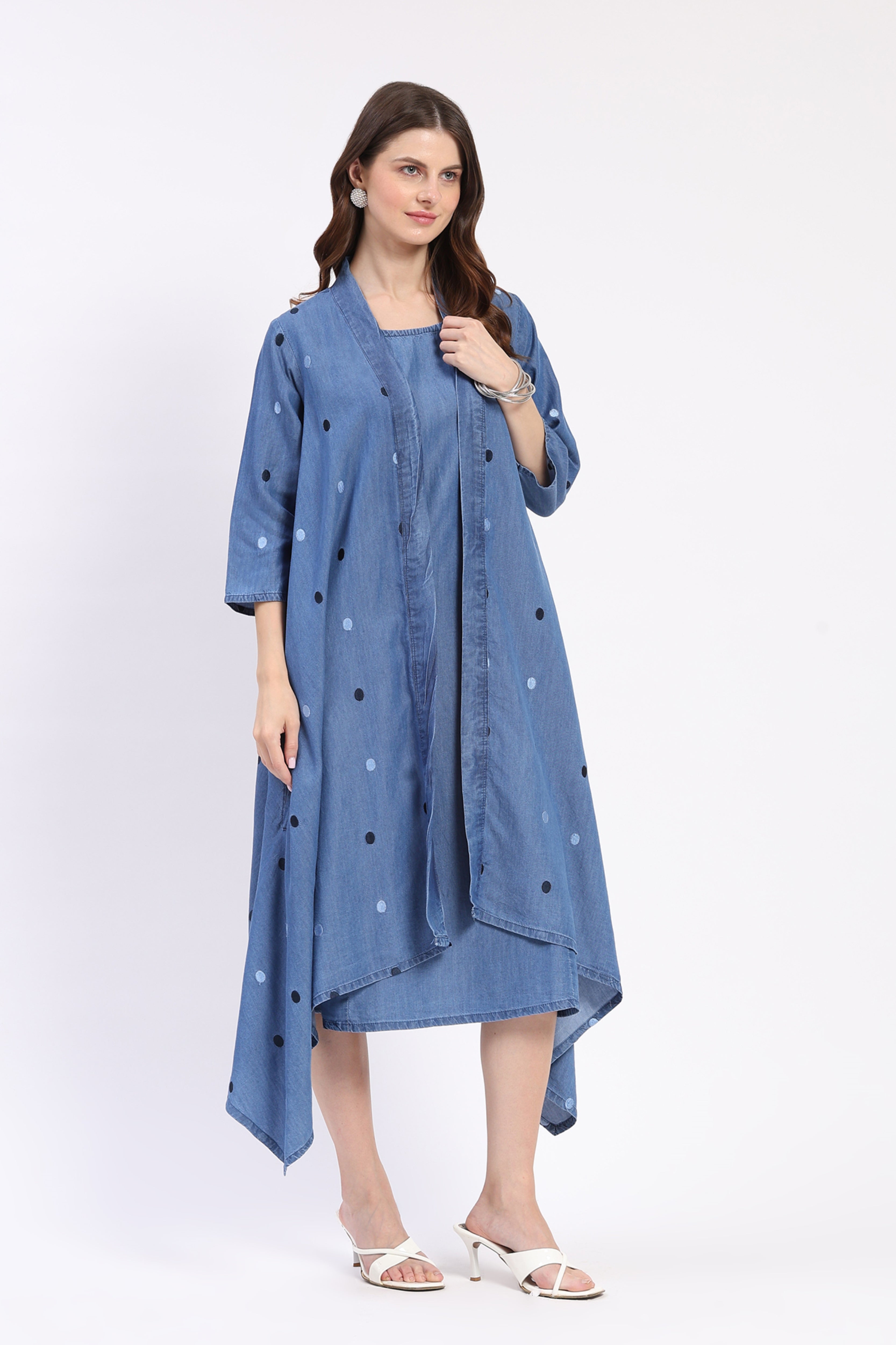 Blue Chambray Embroidered Dress with Shrug