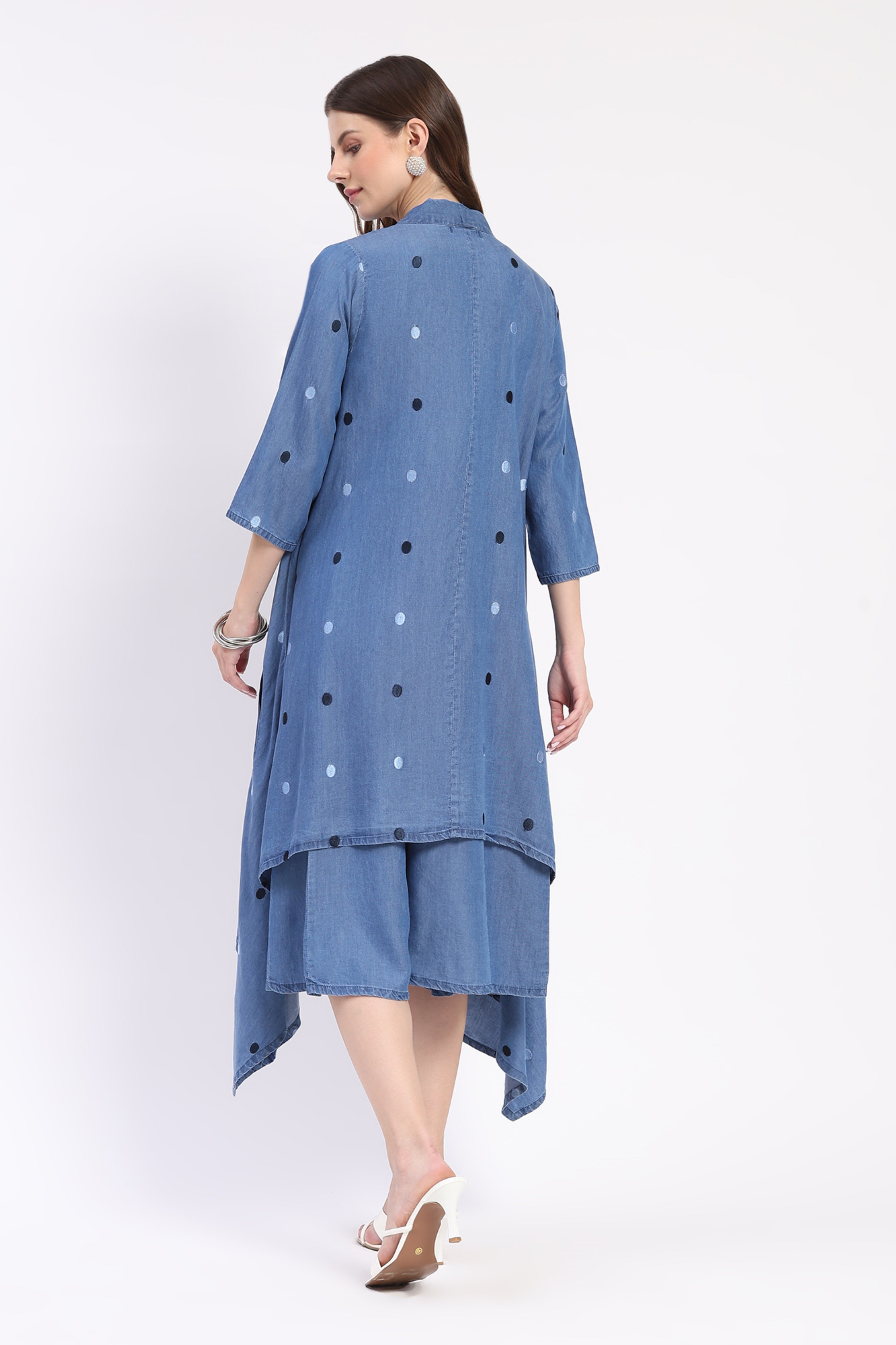 Blue Chambray Embroidered Dress with Shrug