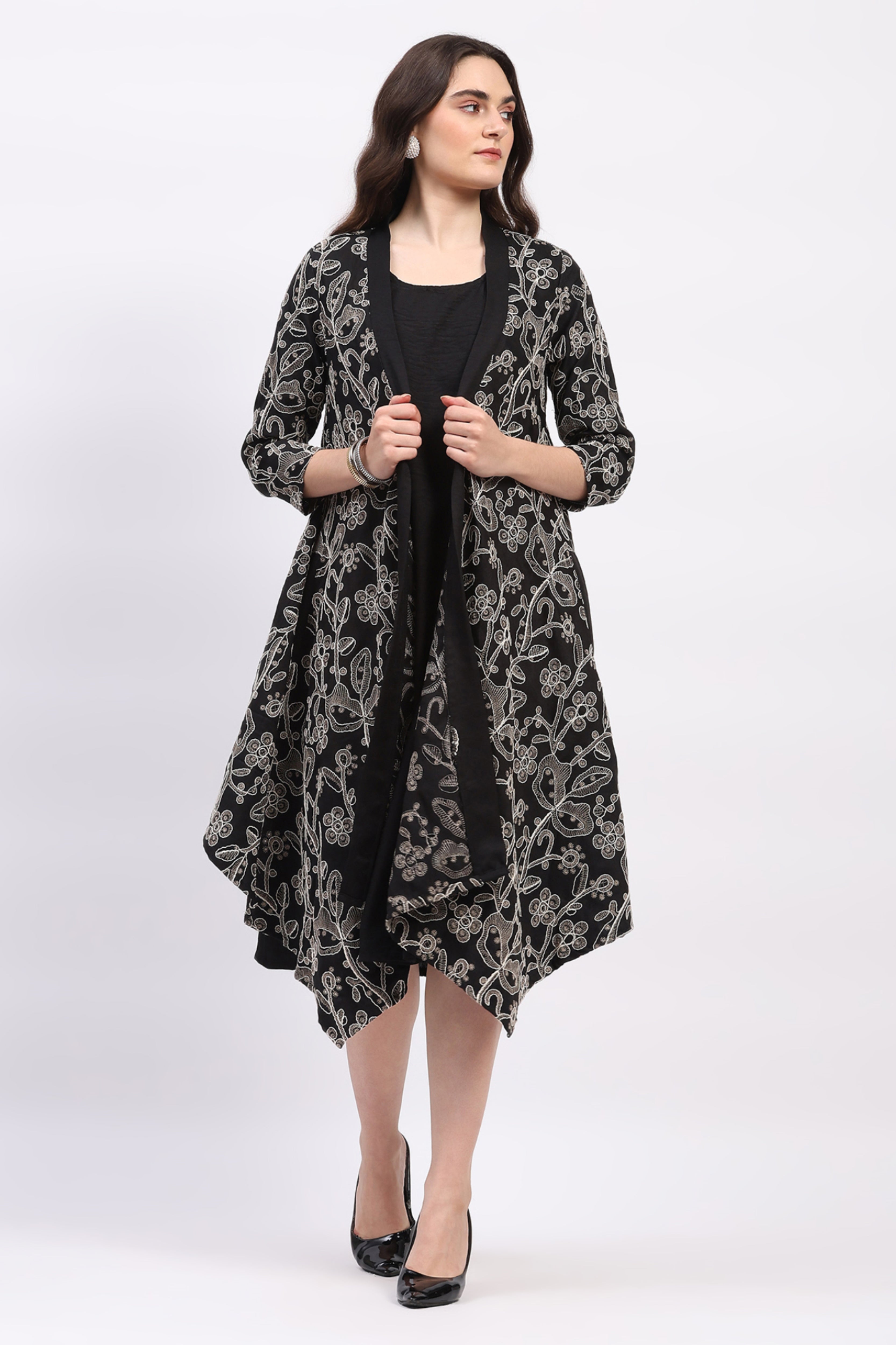 Black Embroidered Kurta with Shrug Set
