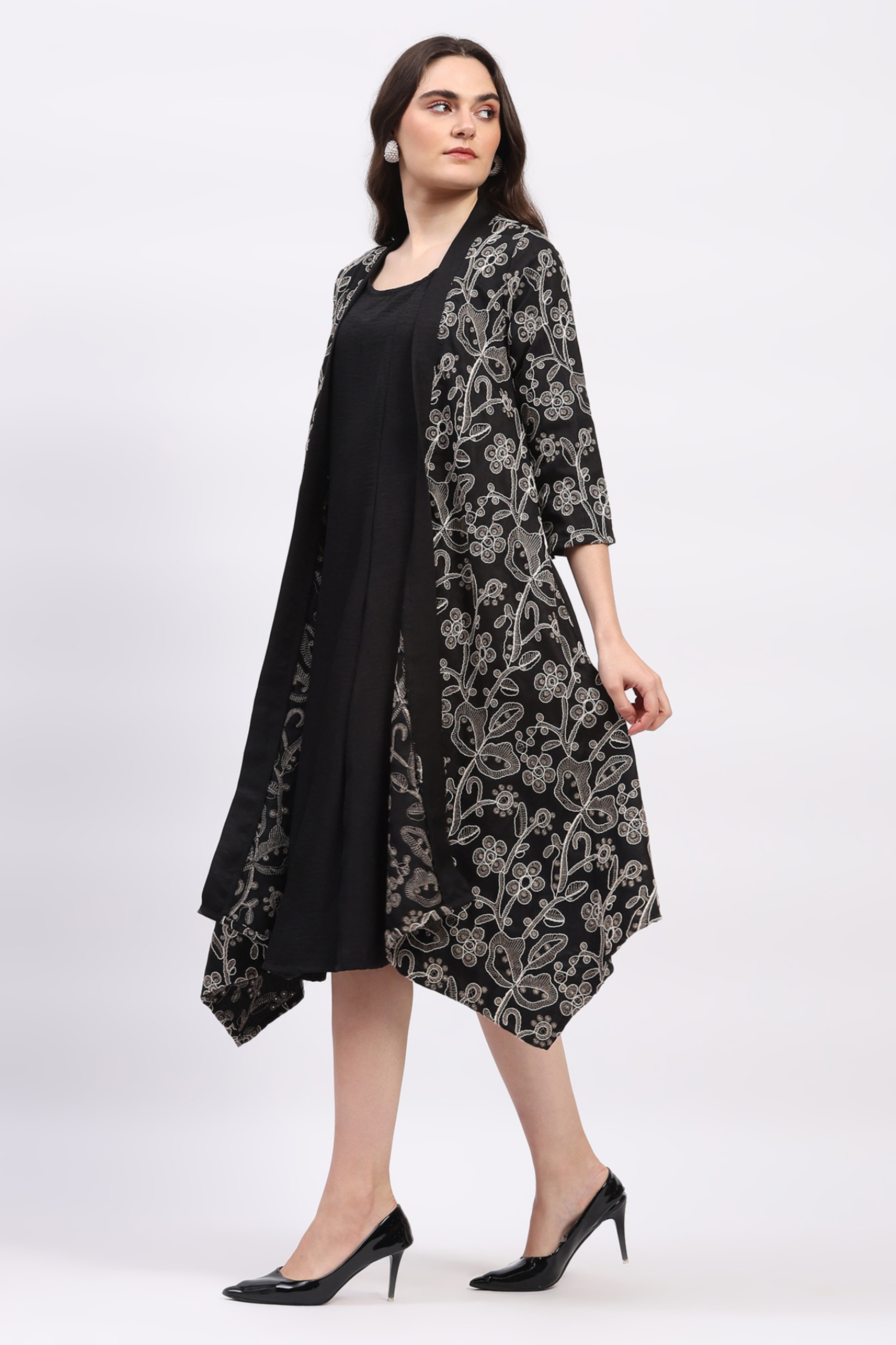 Black Embroidered Kurta with Shrug Set