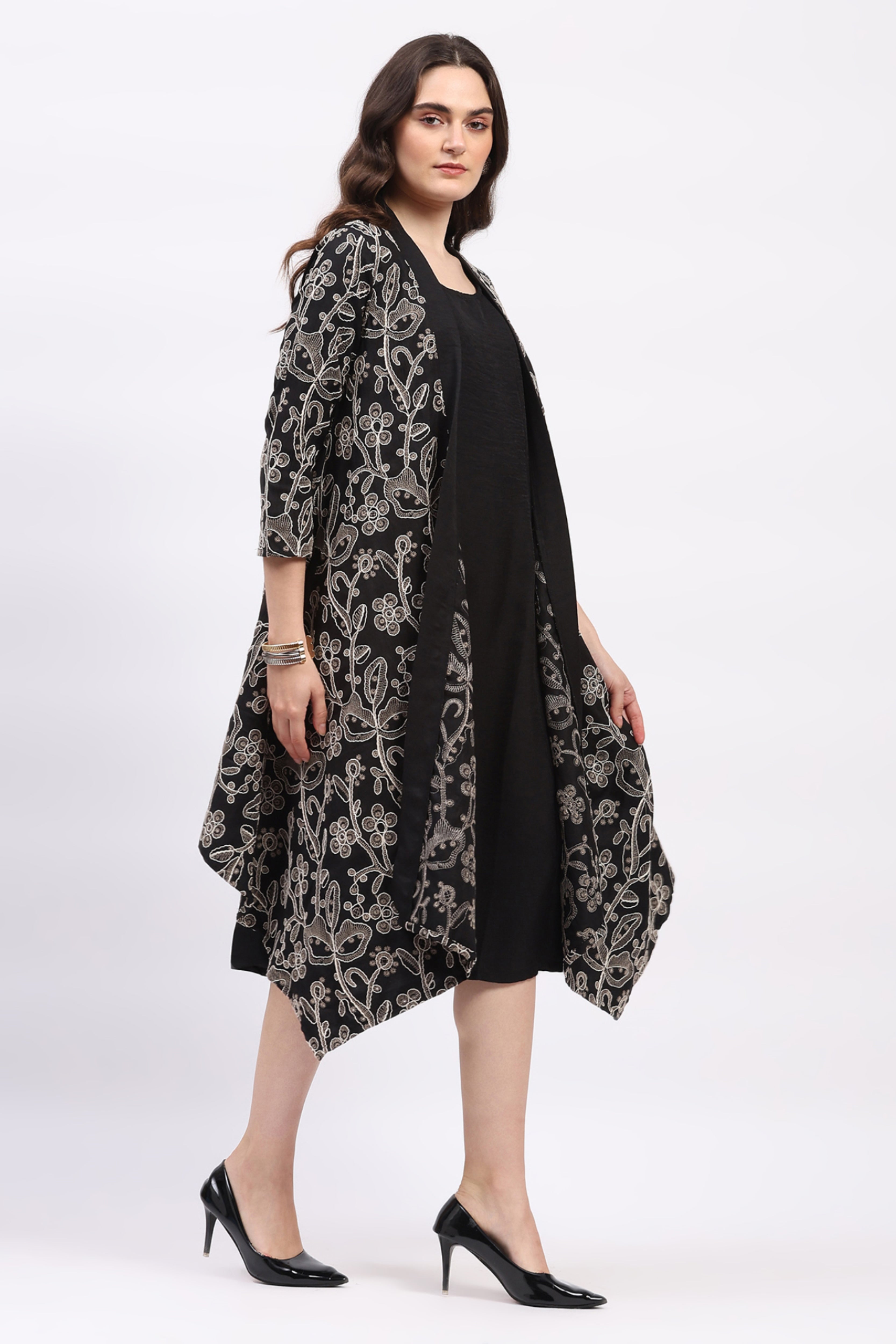 Black Embroidered Kurta with Shrug Set