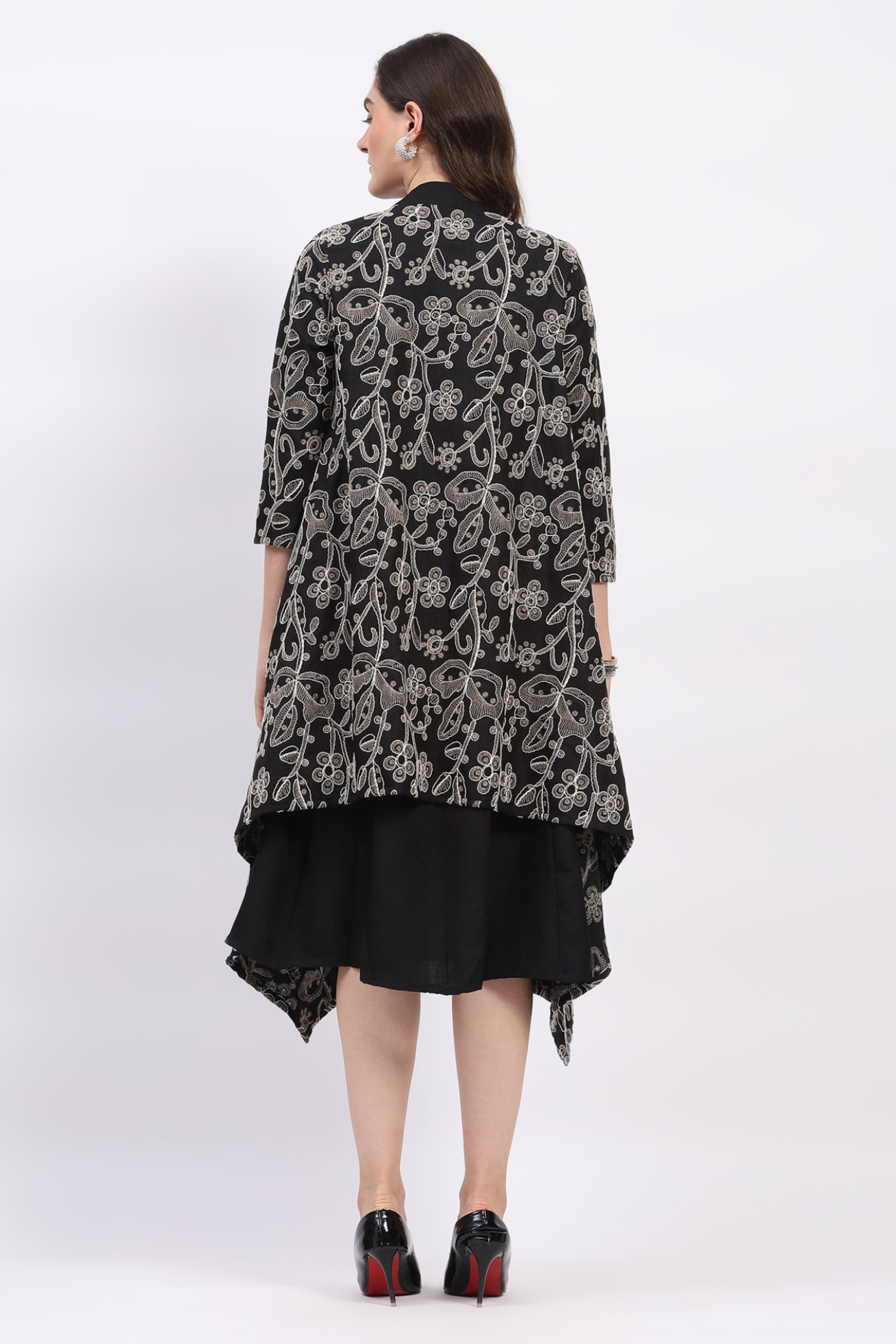 Black Embroidered Kurta with Shrug Set