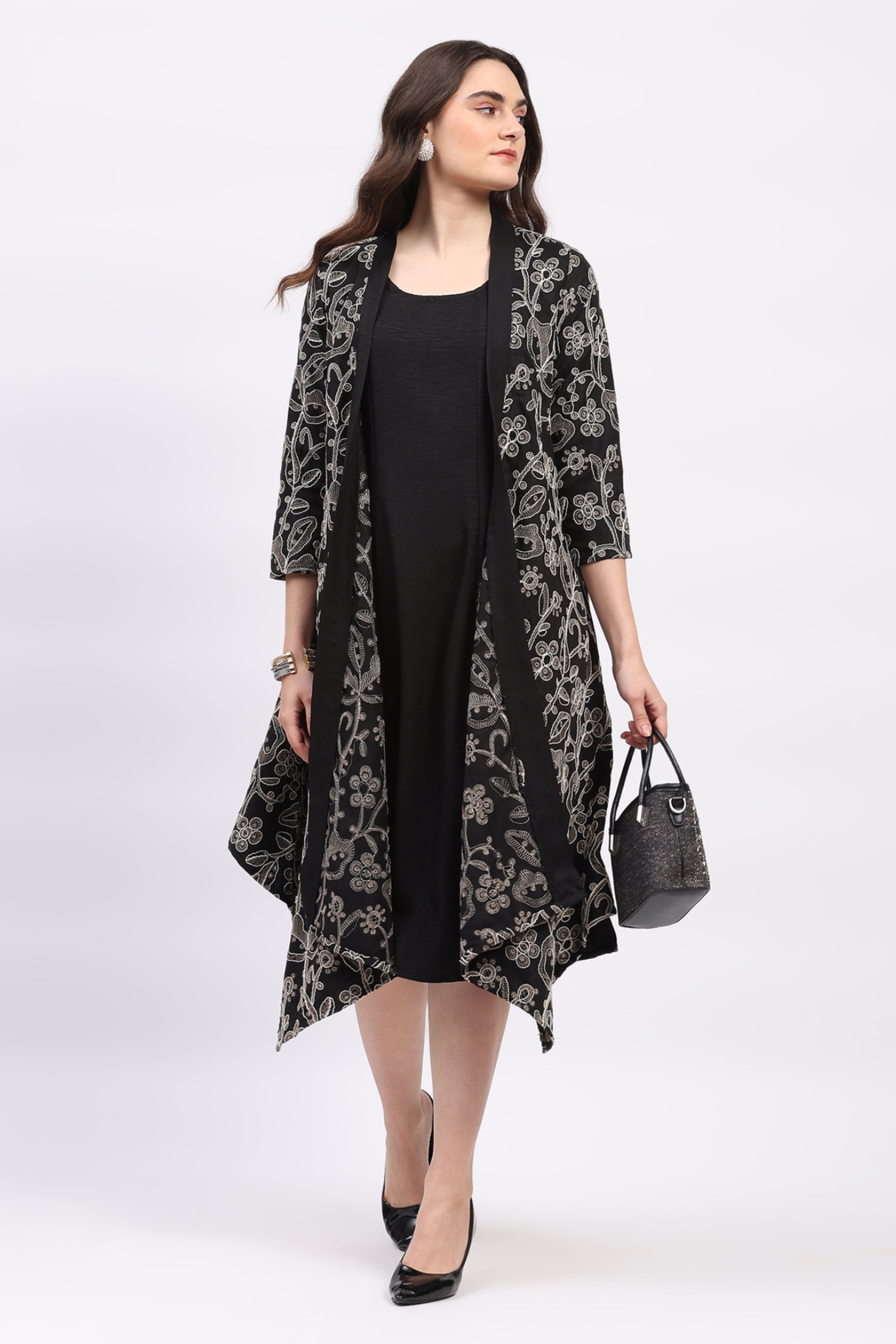 Black Embroidered Kurta with Shrug Set