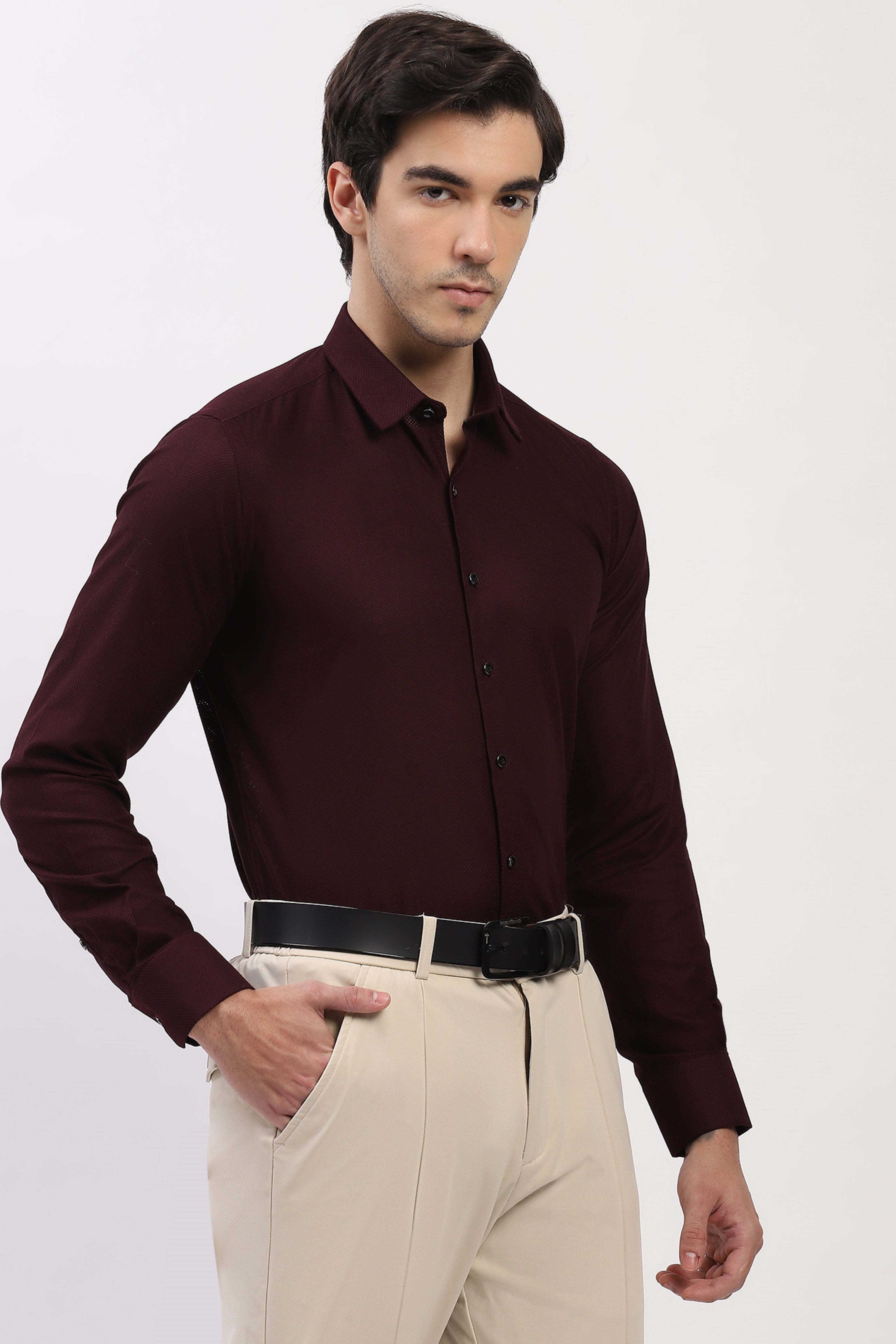 Wine Cotton Self Design Shirt