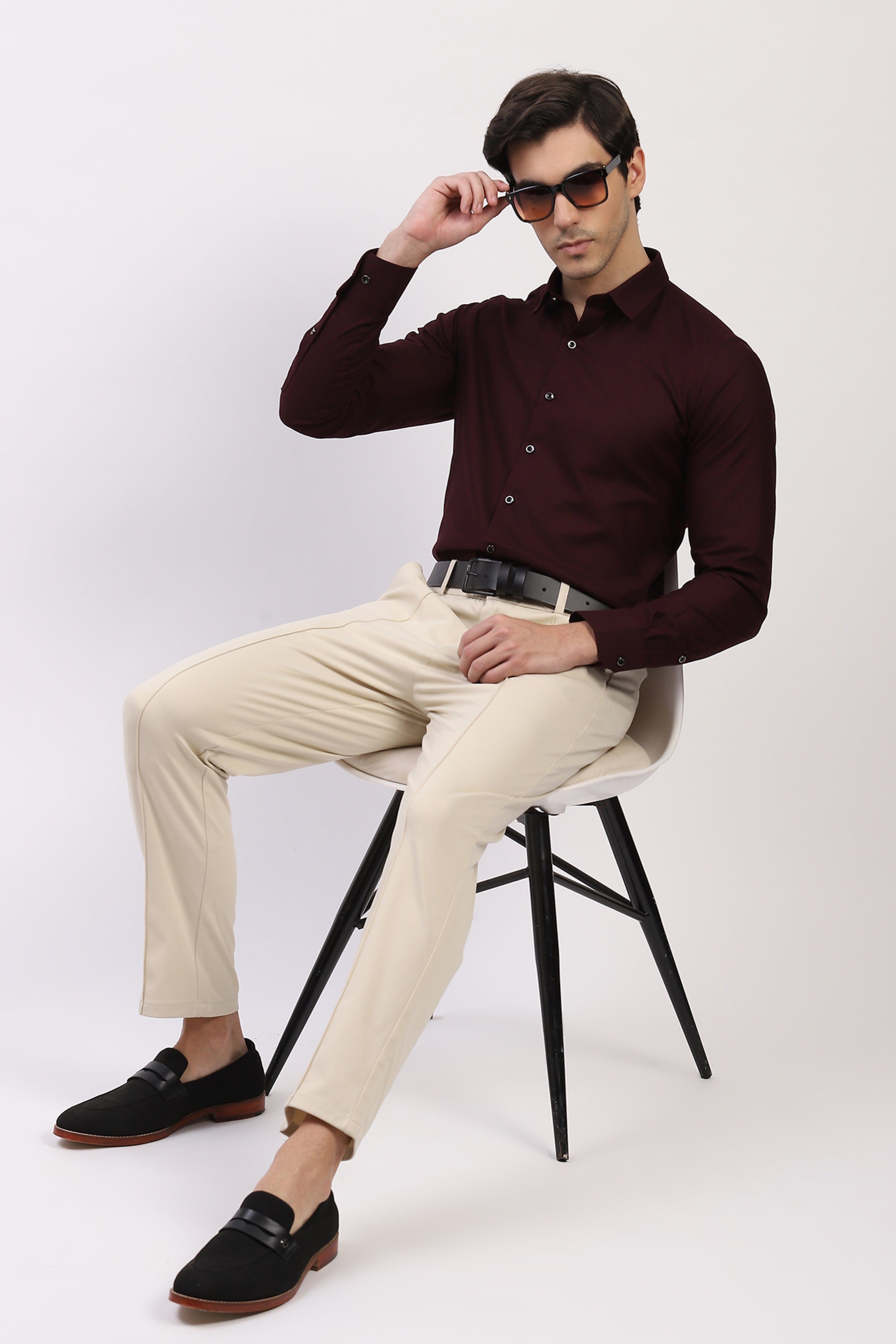 Wine Cotton Self Design Shirt