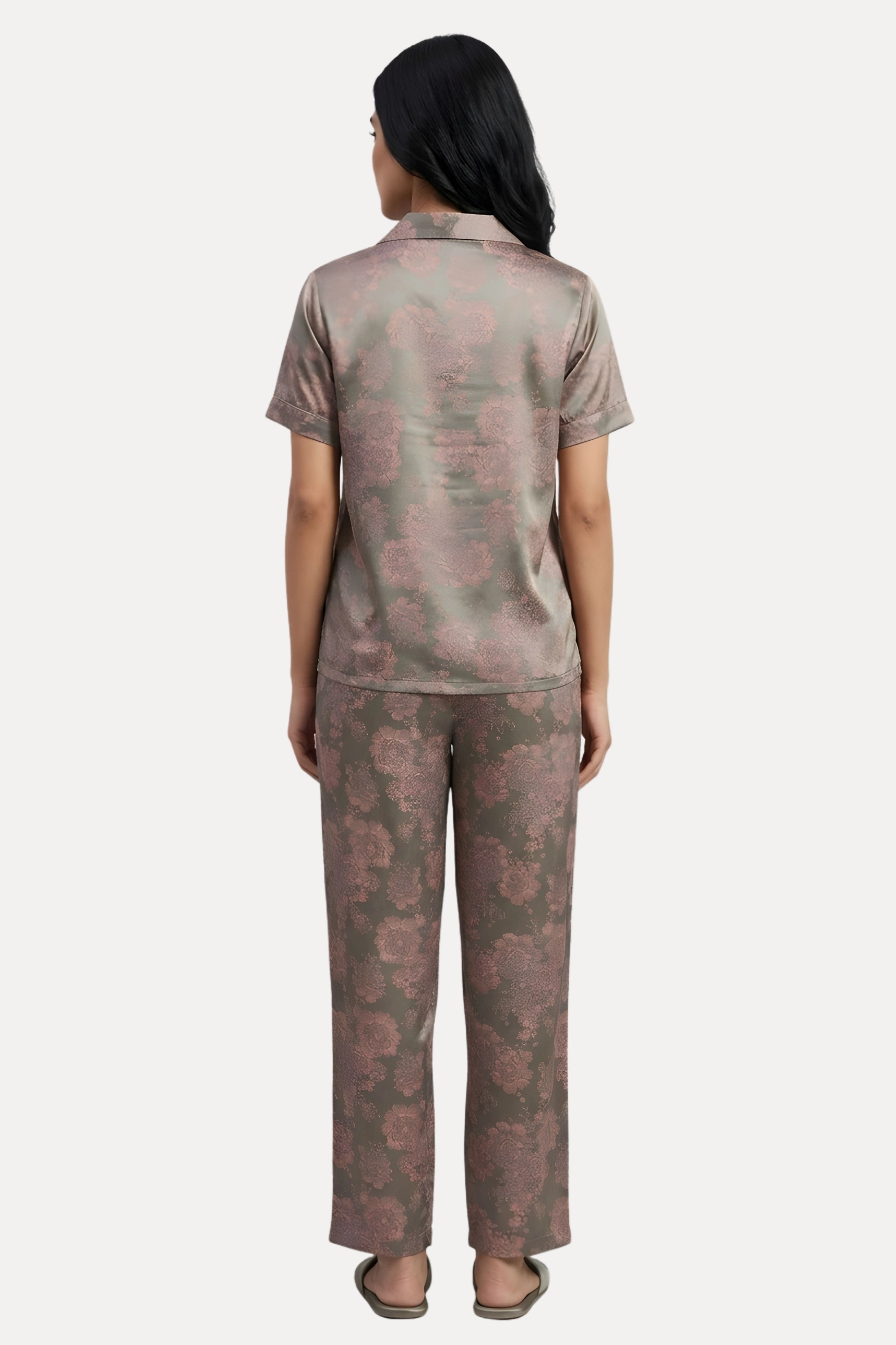 Grey Satin Floral Jacquard Night Suit Set