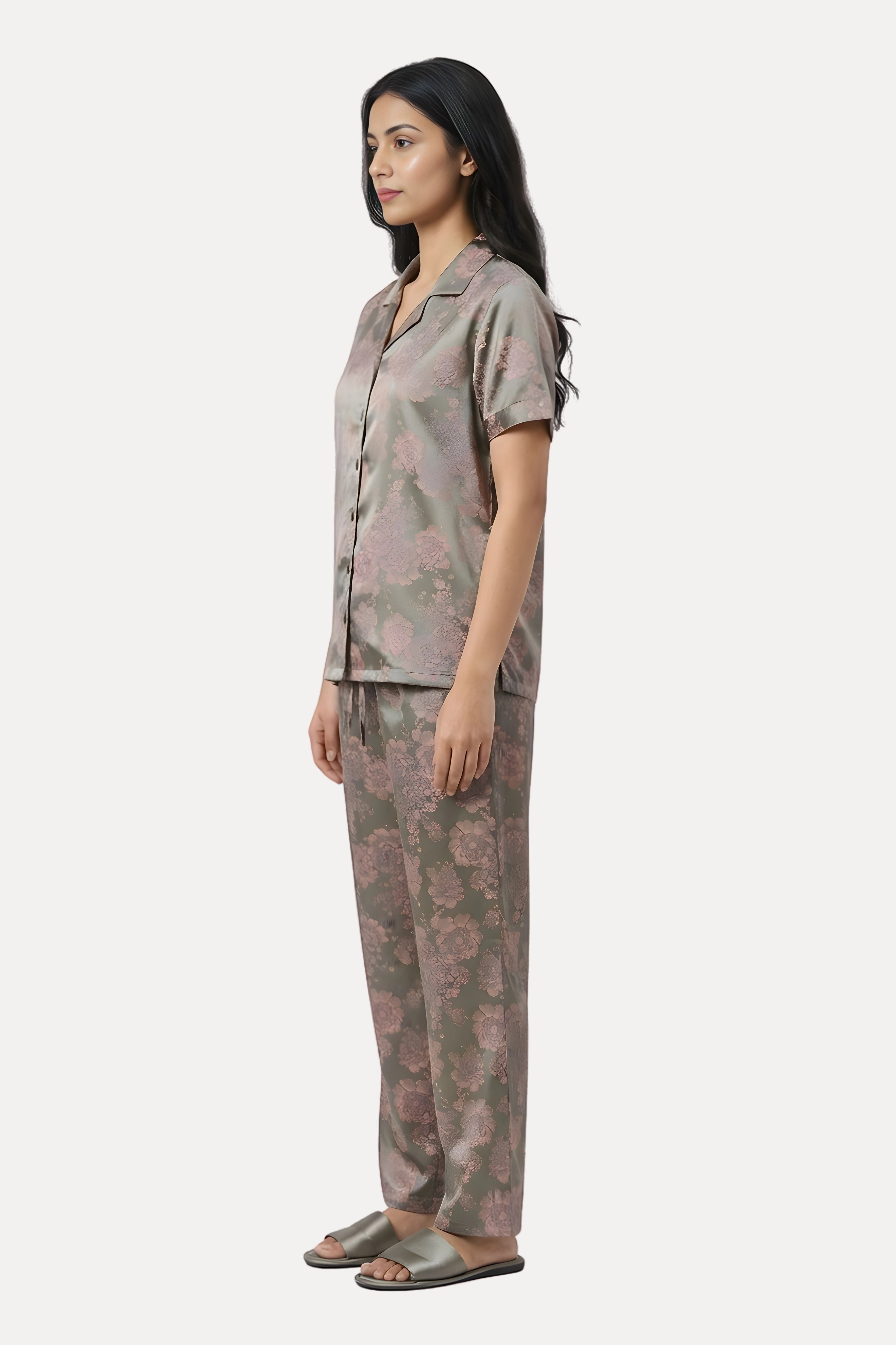 Grey Satin Floral Jacquard Night Suit Set