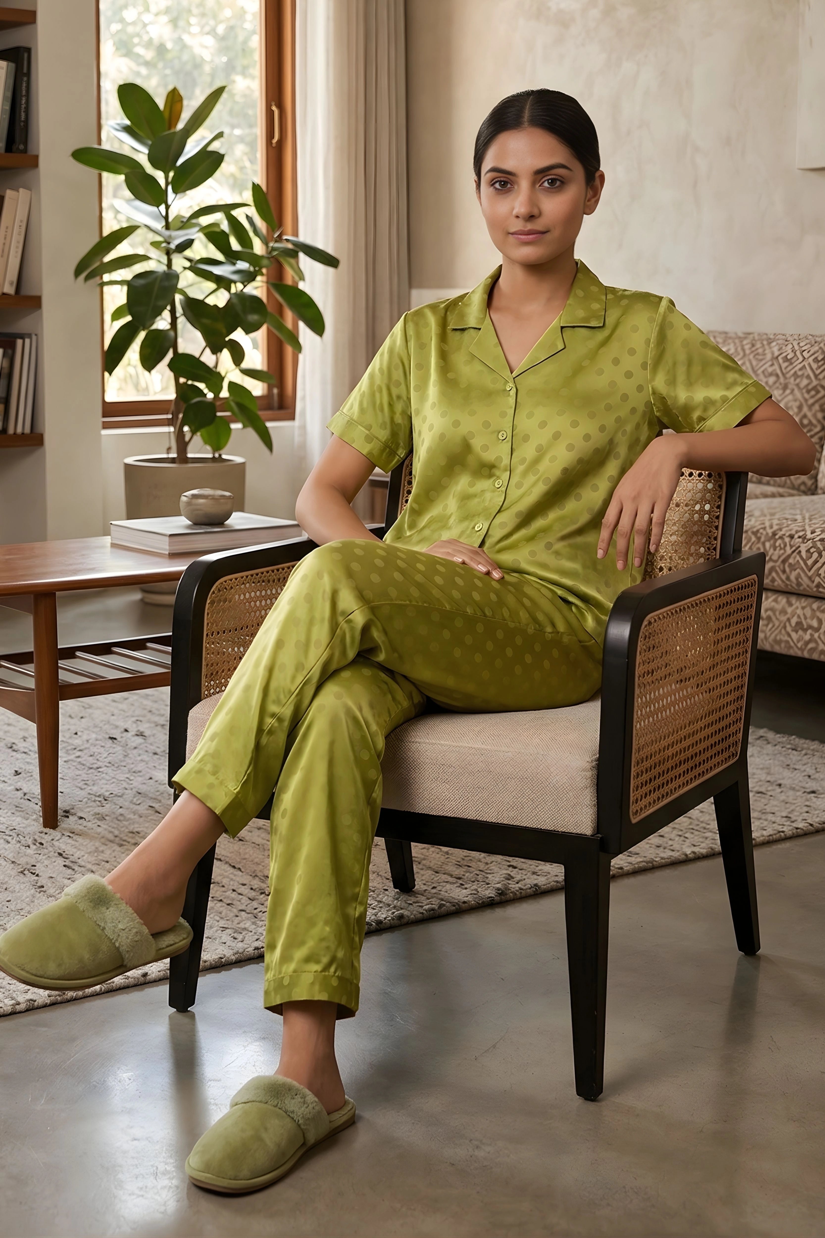Green Poly Satin Polka Dot Night Suit Set