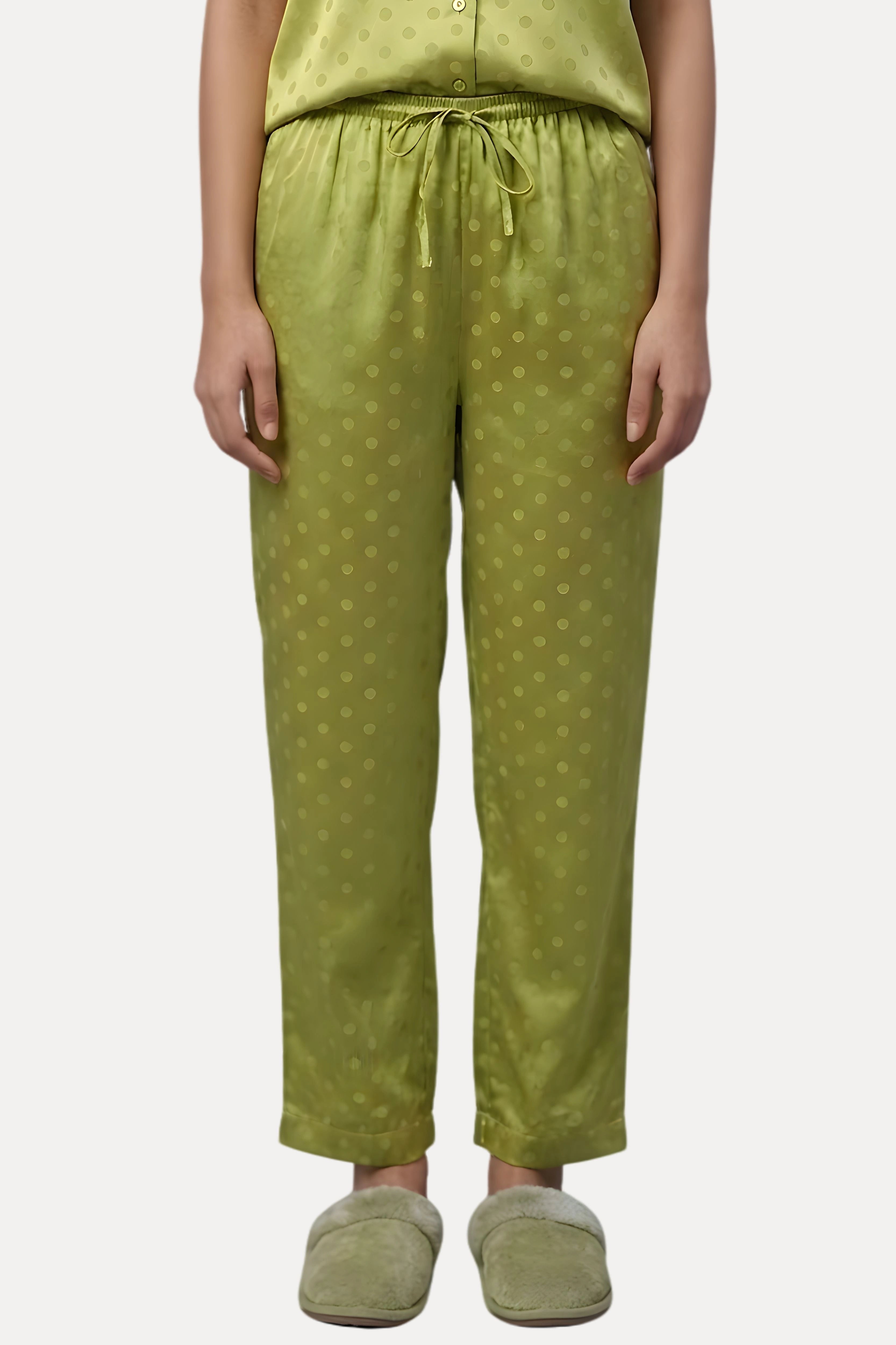 Green Poly Satin Polka Dot Night Suit Set