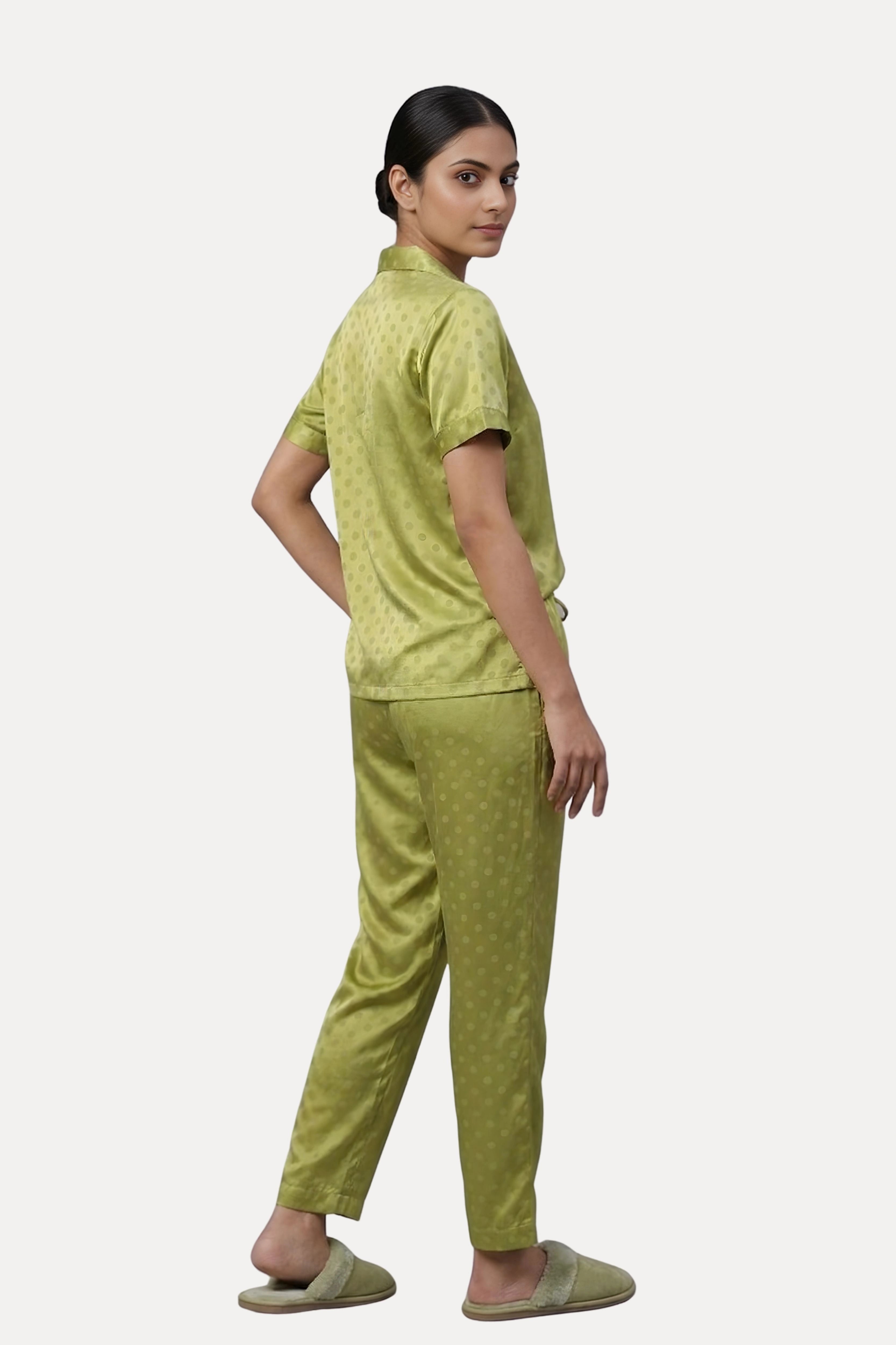 Green Poly Satin Polka Dot Night Suit Set