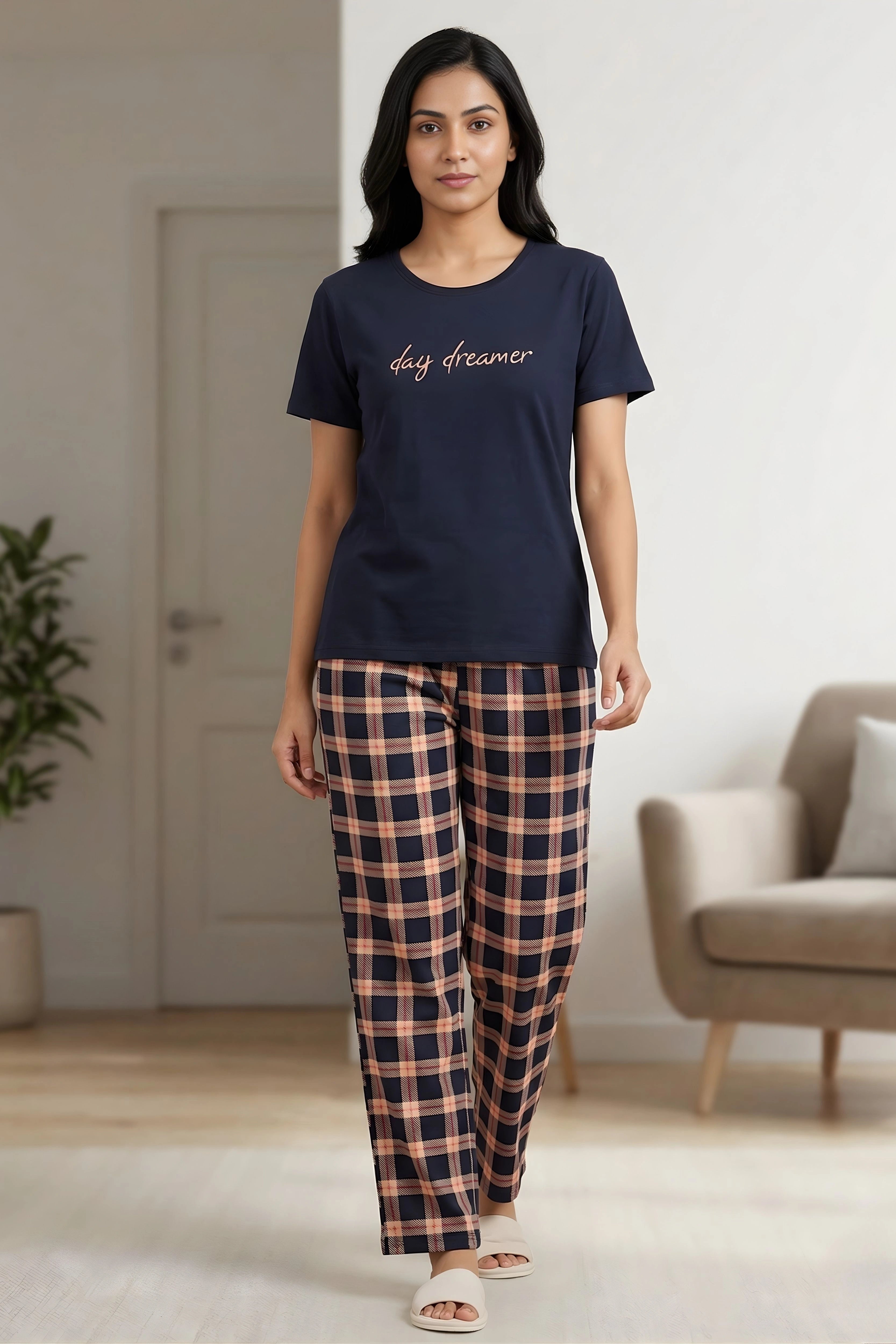 Black Cotton Hosiery Night Suit Set