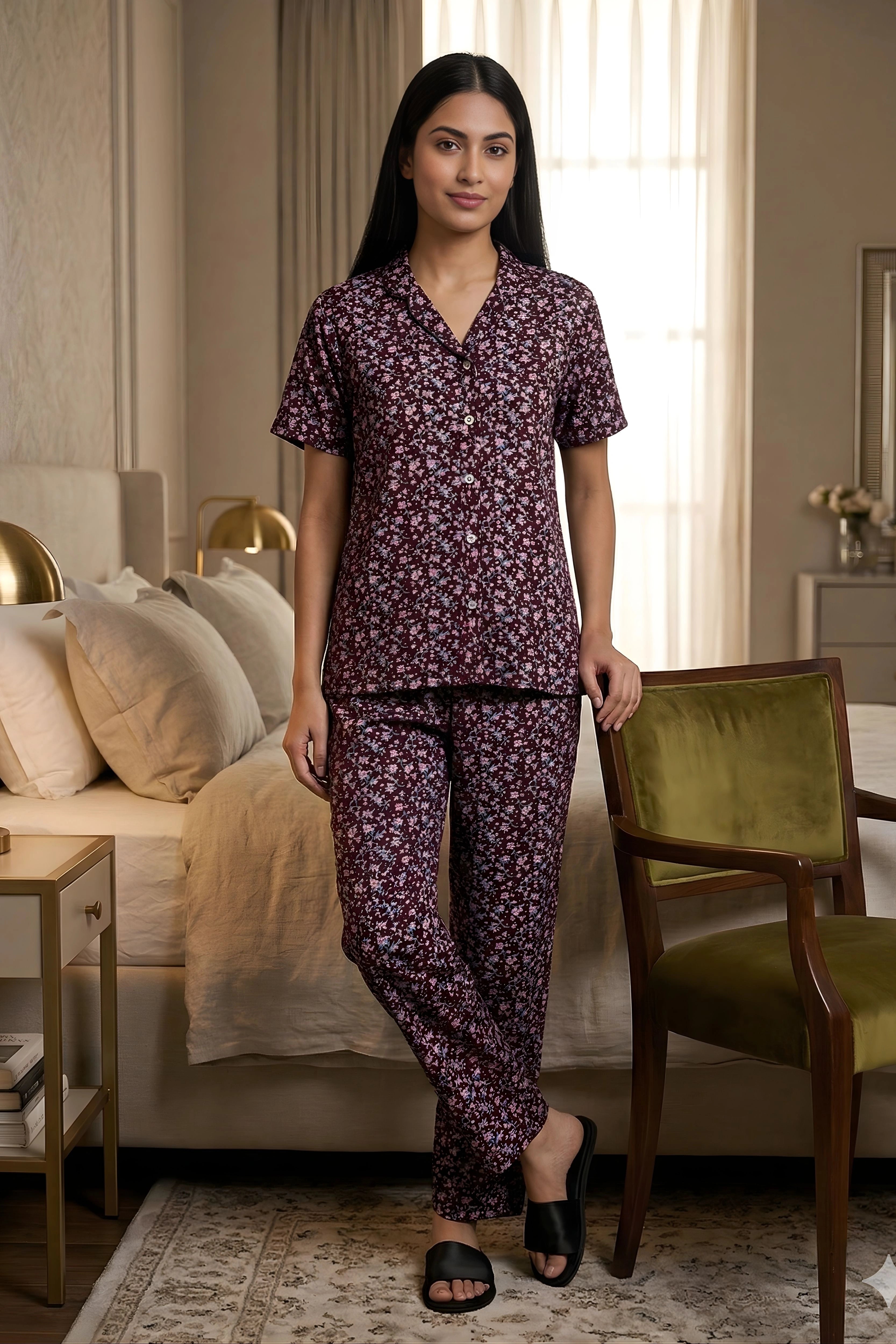 Mauve Floral Cotton Spandex Night Suit Set