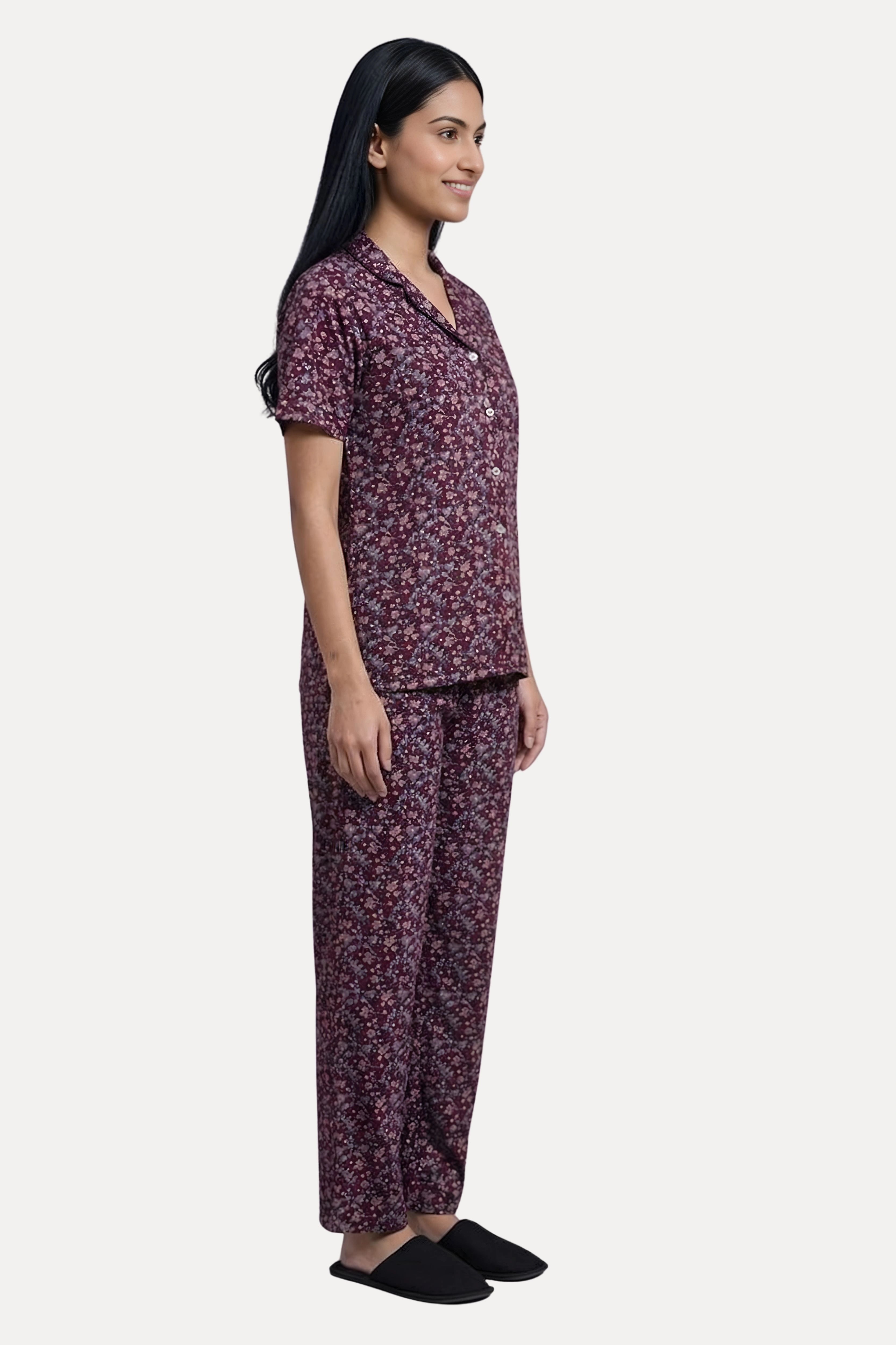 Mauve Floral Cotton Spandex Night Suit Set
