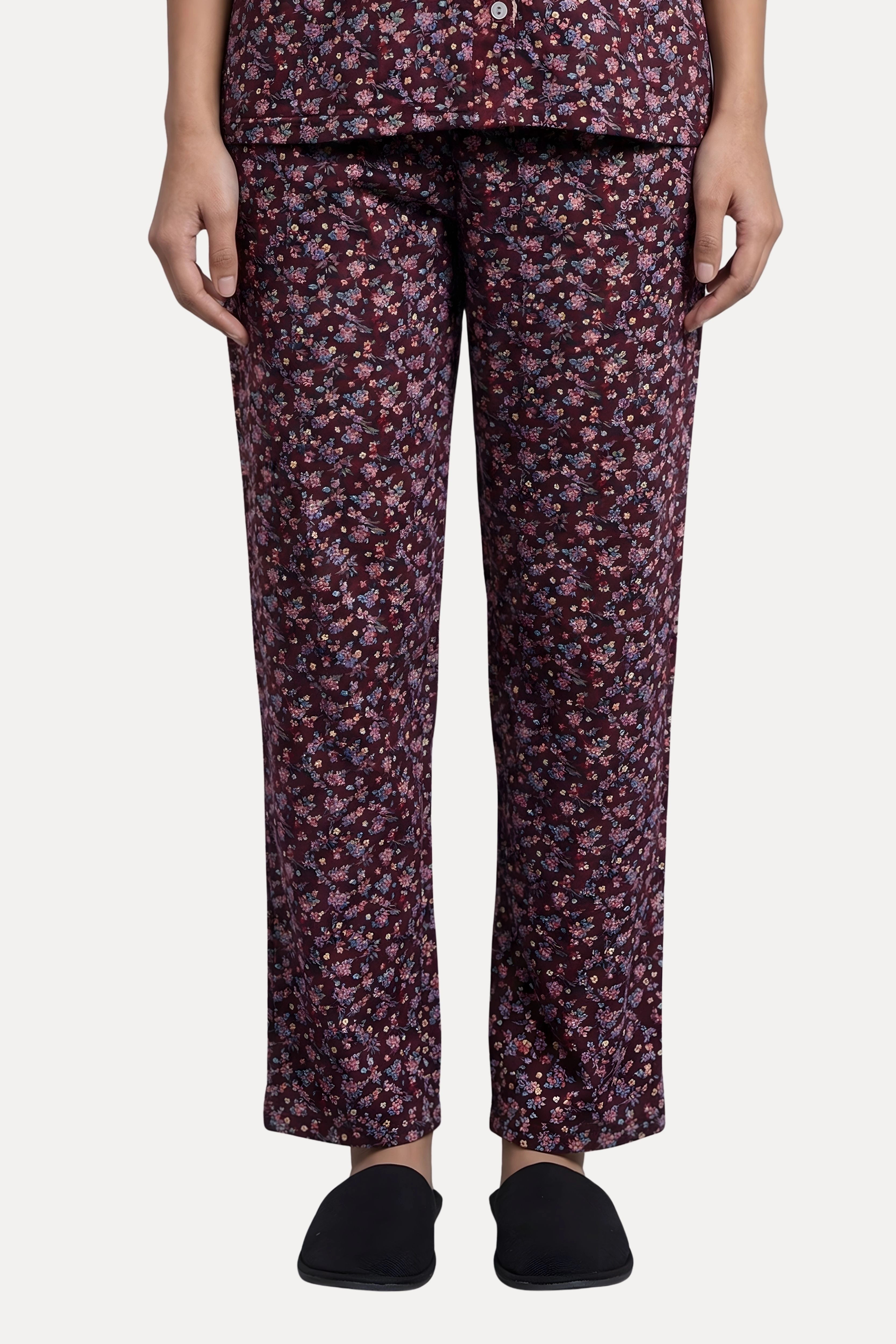 Mauve Floral Cotton Spandex Night Suit Set