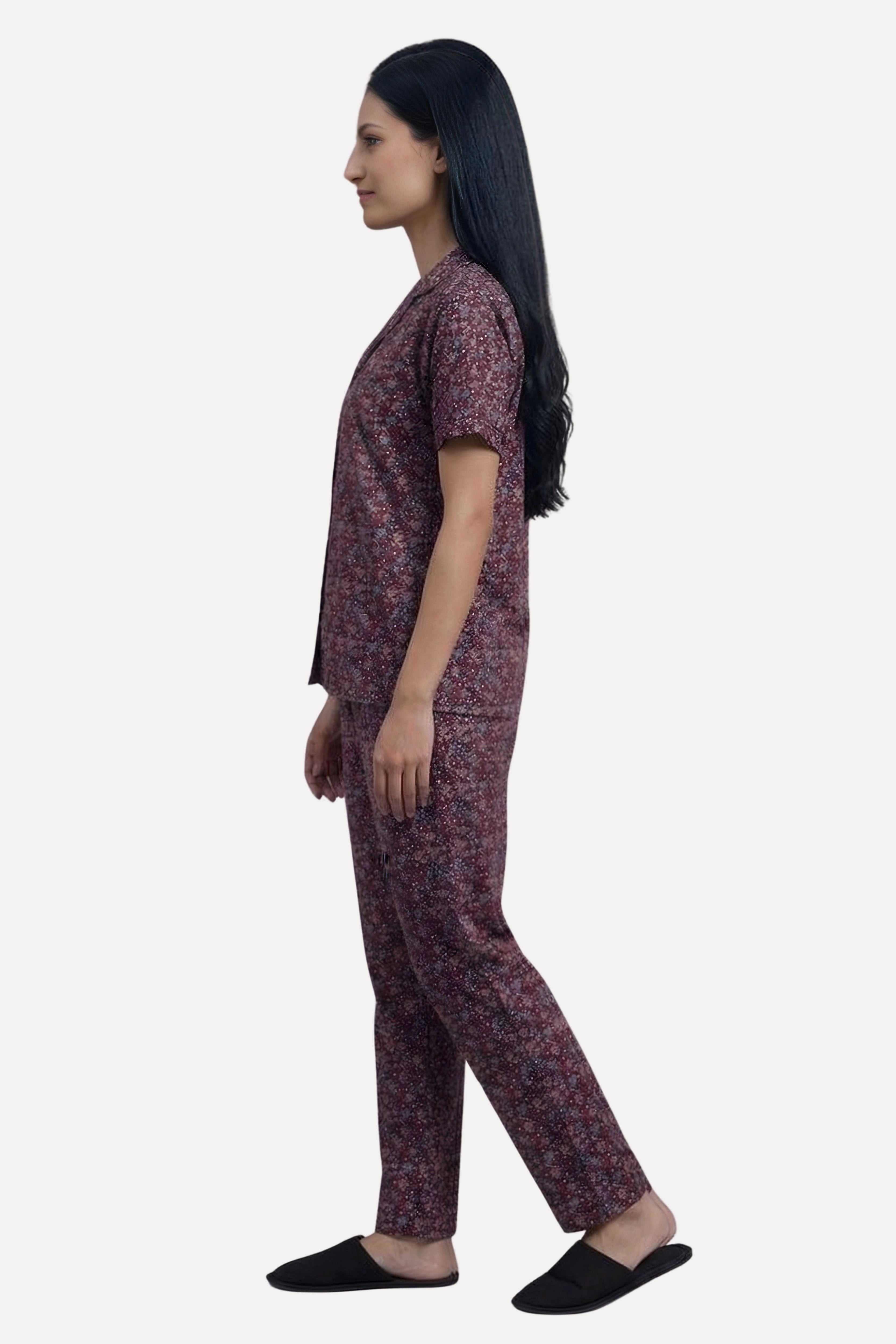 Mauve Floral Cotton Spandex Night Suit Set