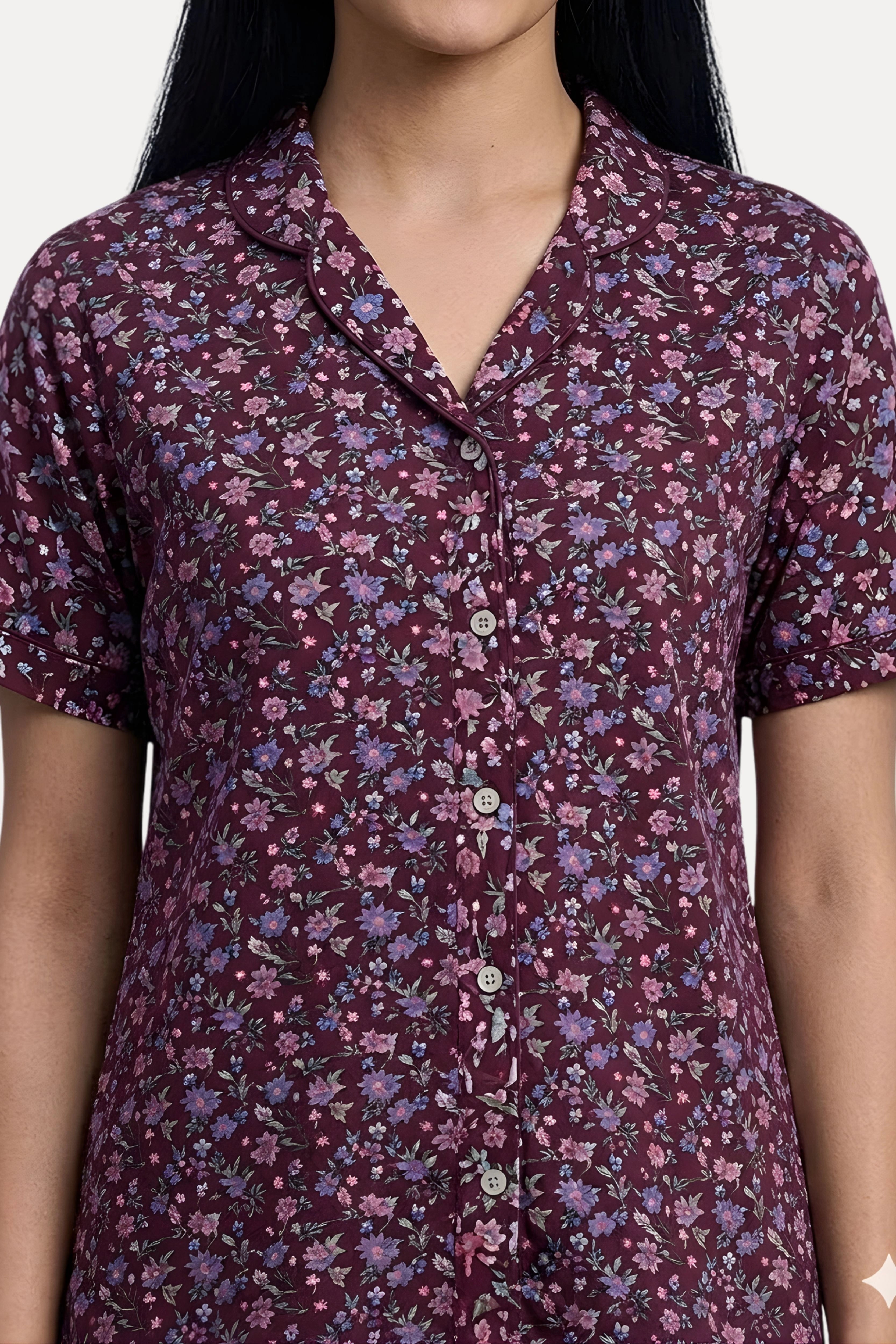 Mauve Floral Cotton Spandex Night Suit Set