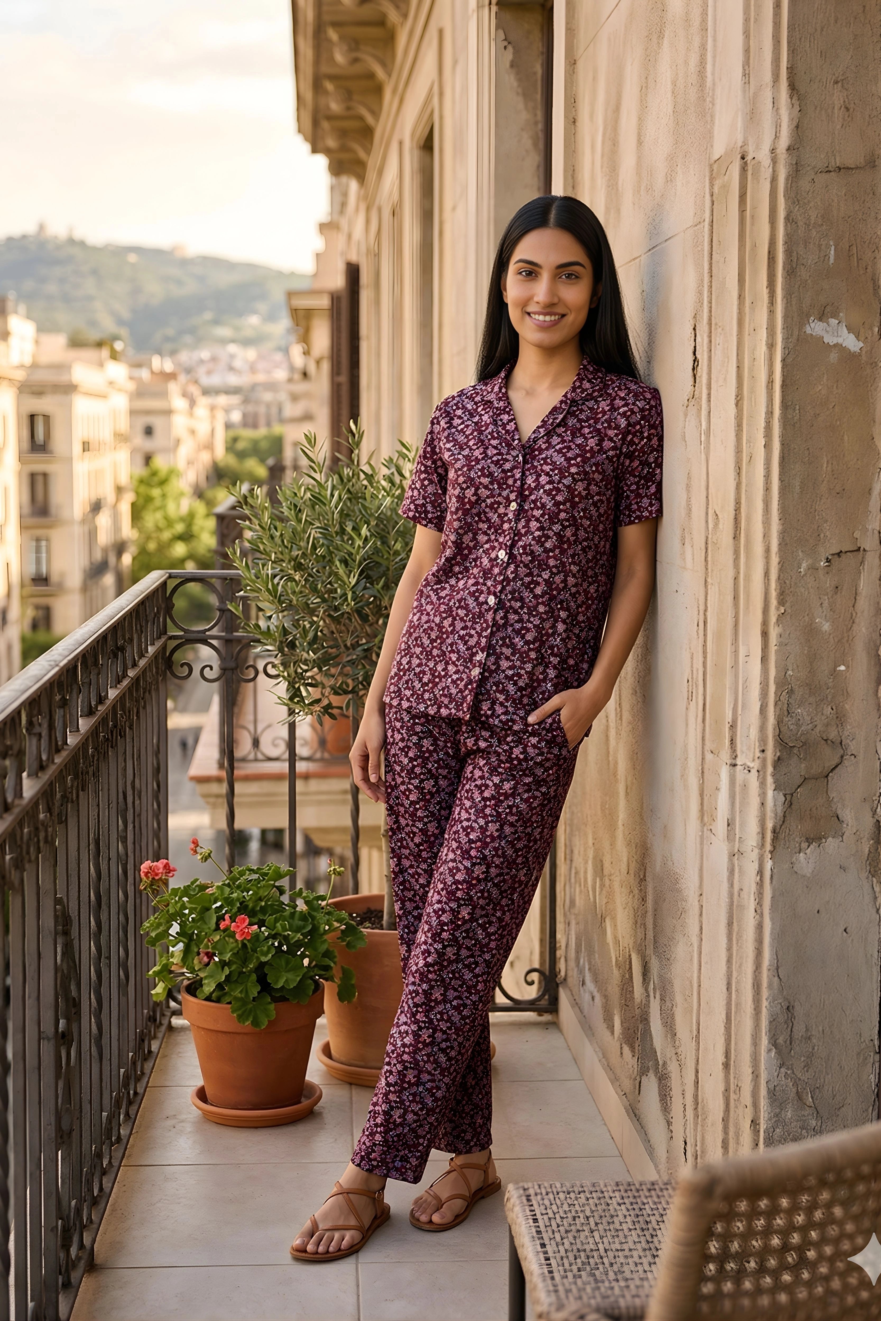Mauve Floral Cotton Spandex Night Suit Set
