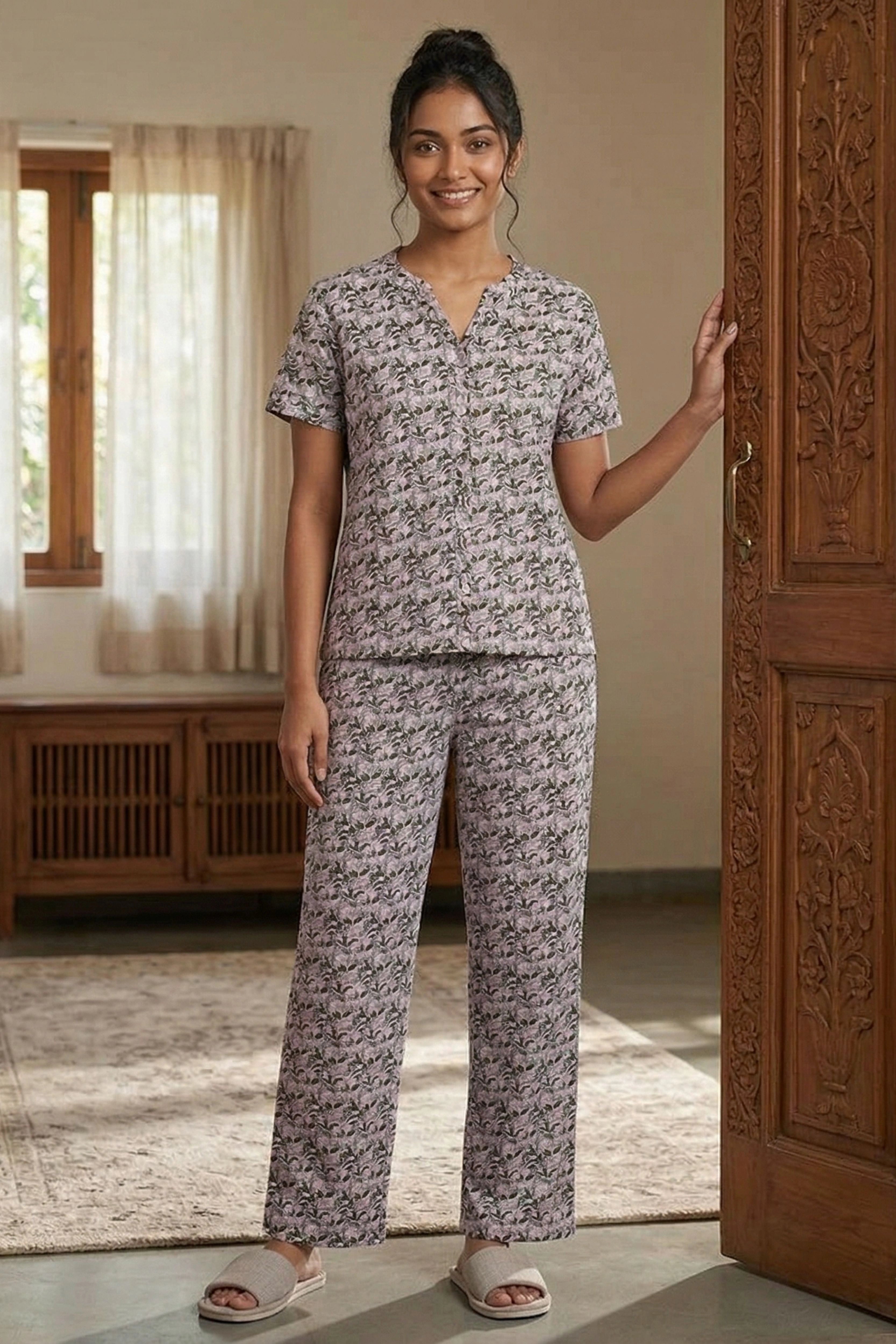 Cream Printed Cotton Spandex Night Suit Set