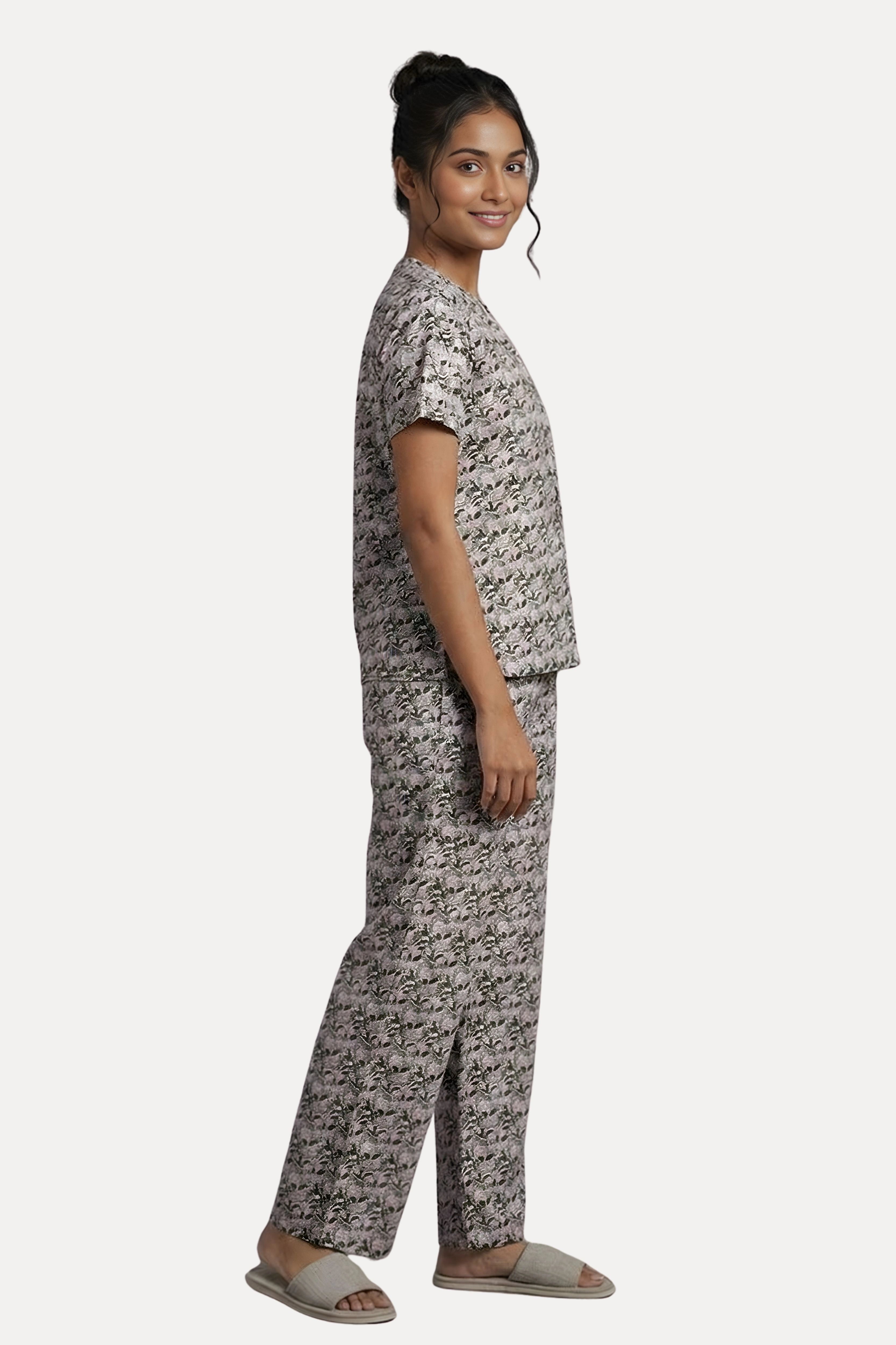 Cream Printed Cotton Spandex Night Suit Set