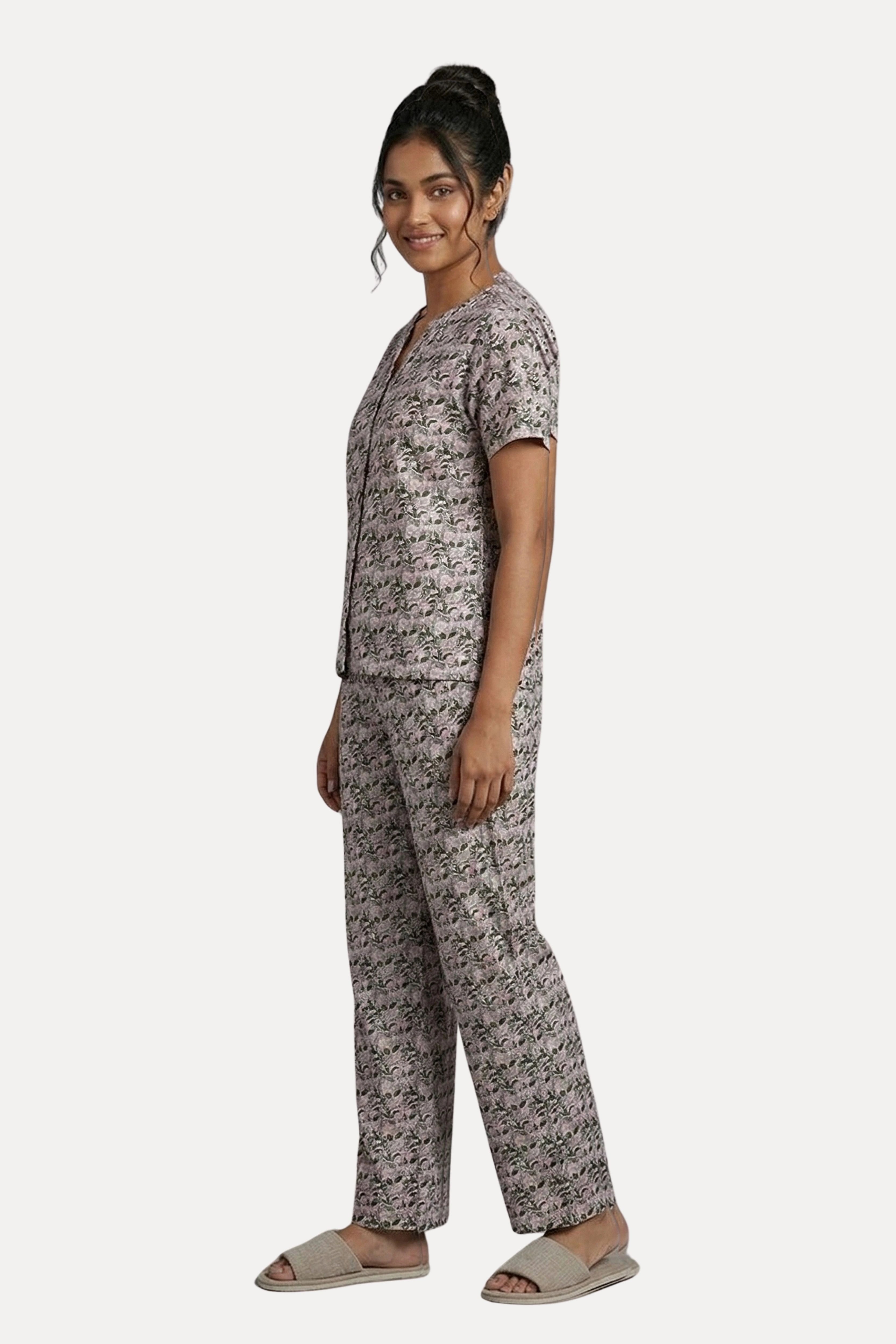Cream Printed Cotton Spandex Night Suit Set