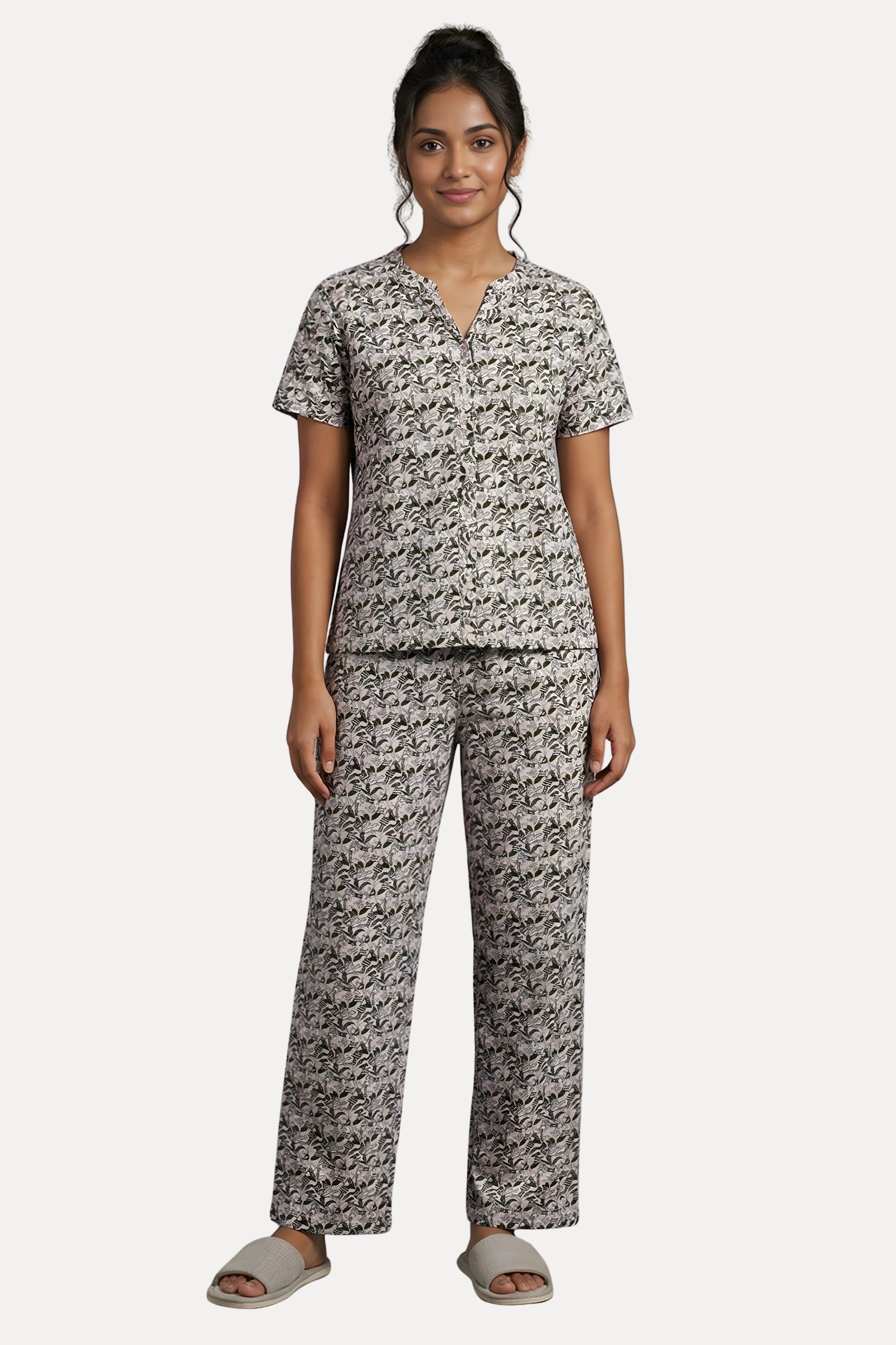 Cream Printed Cotton Spandex Night Suit Set