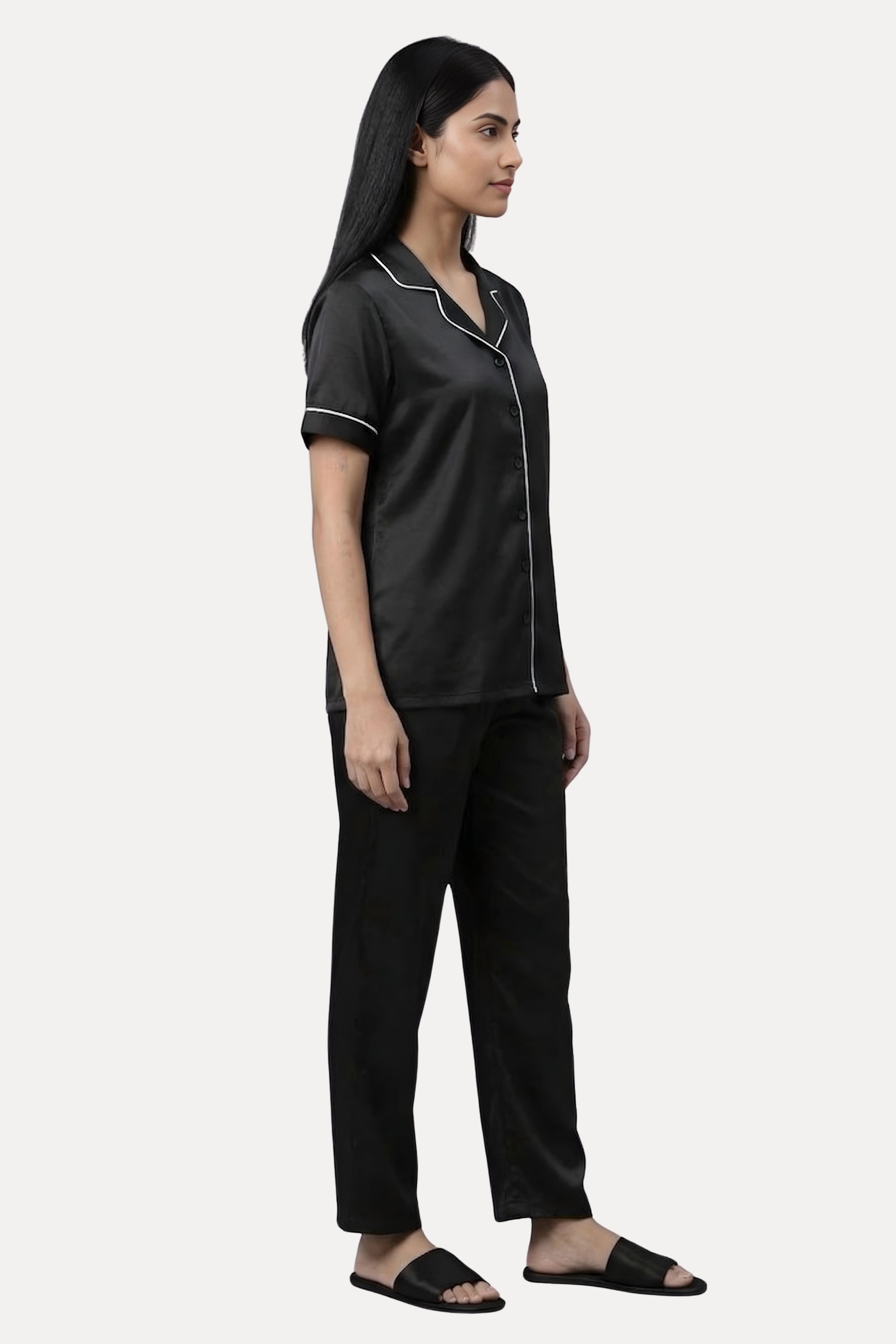 Black Satin Night Suit Set