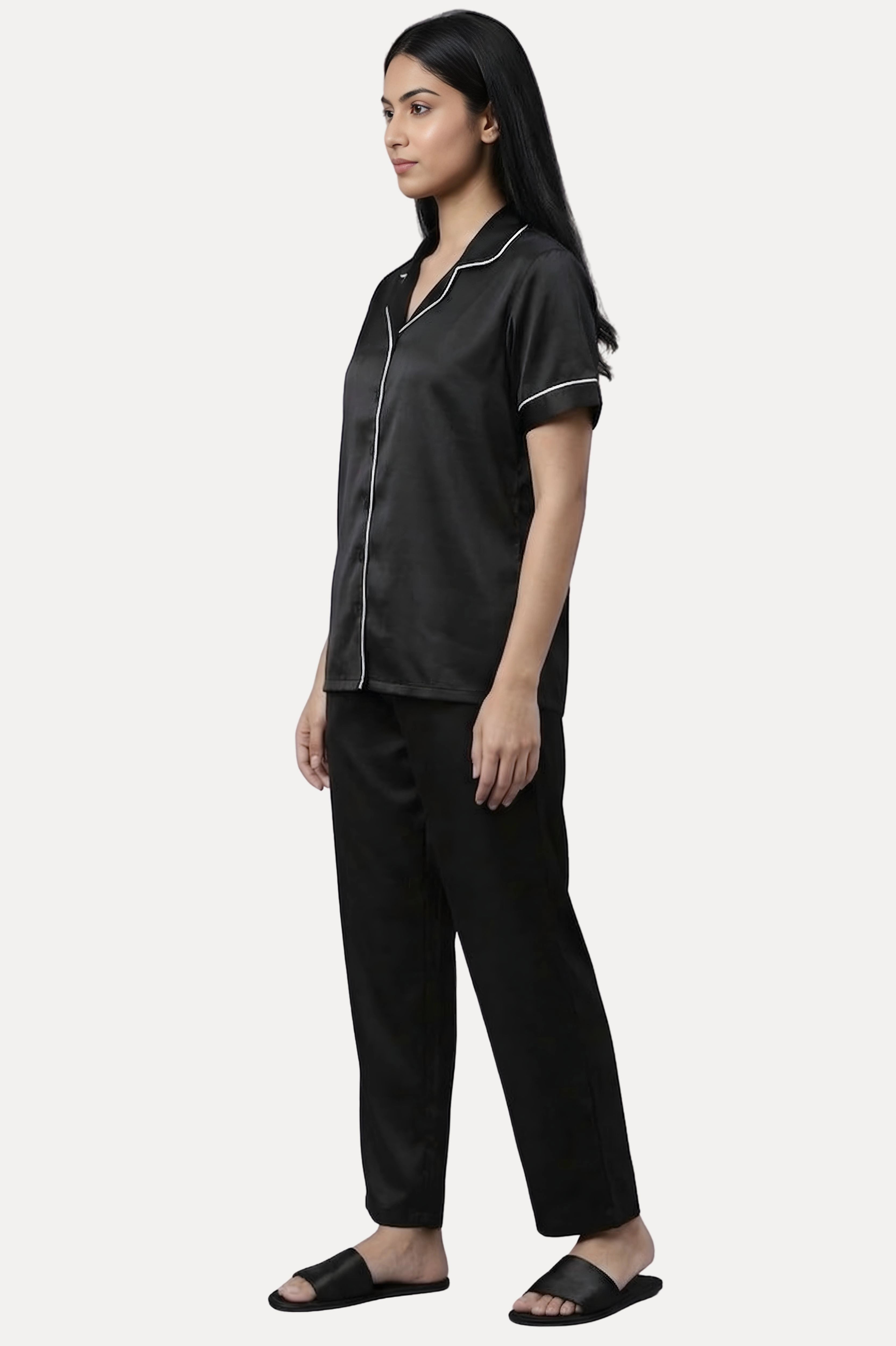 Black Satin Night Suit Set