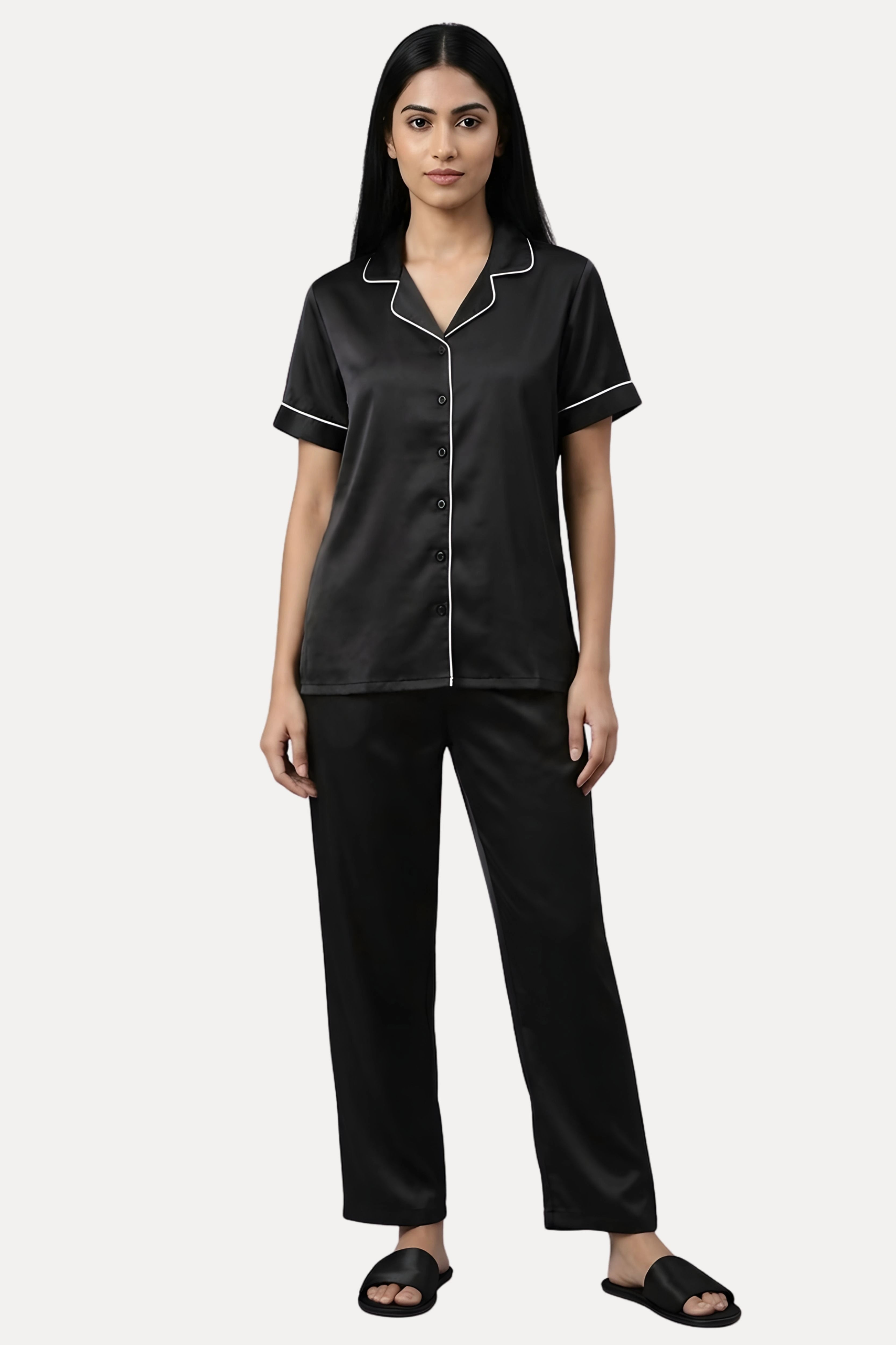 Black Satin Night Suit Set