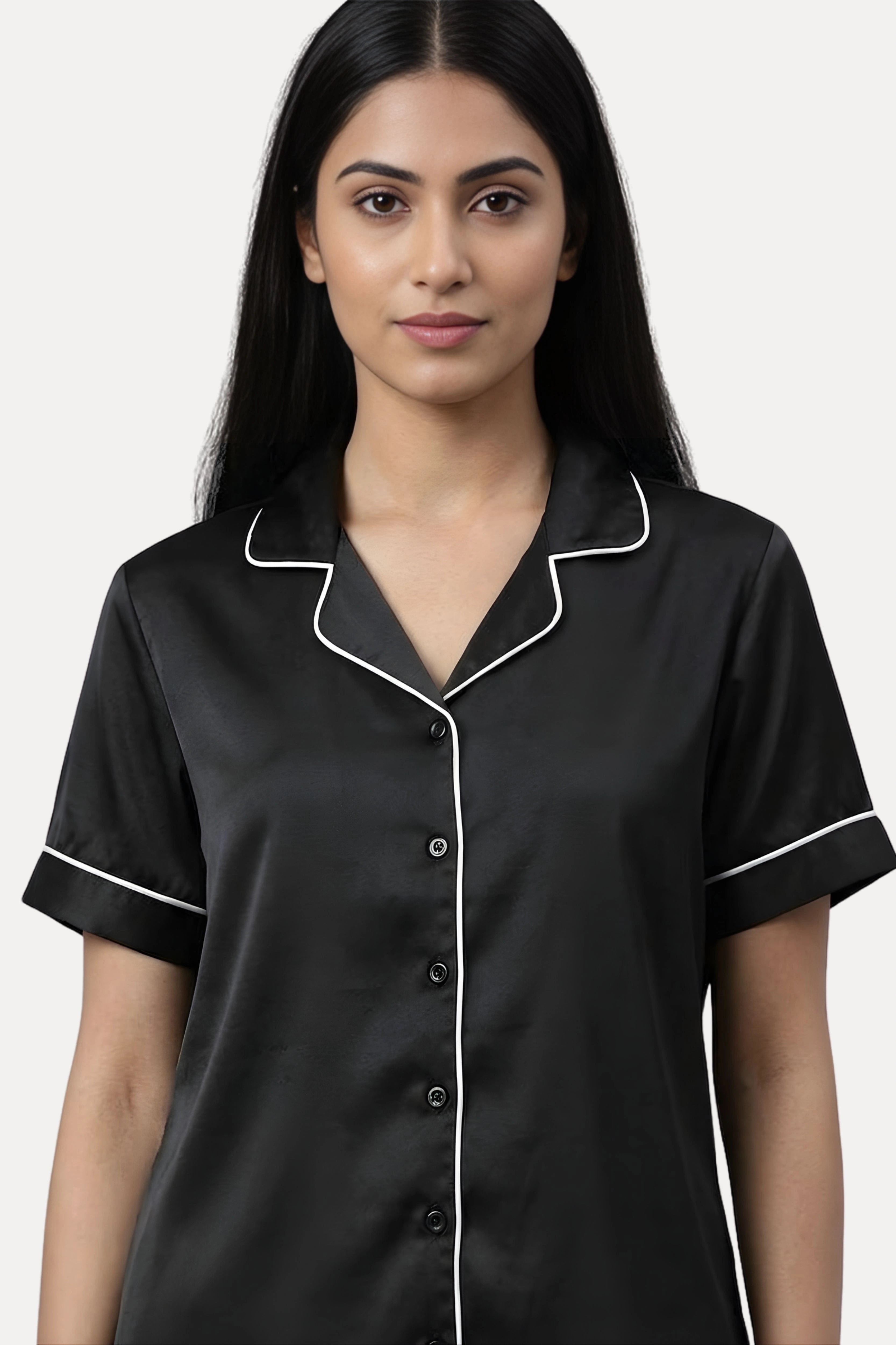 Black Satin Night Suit Set