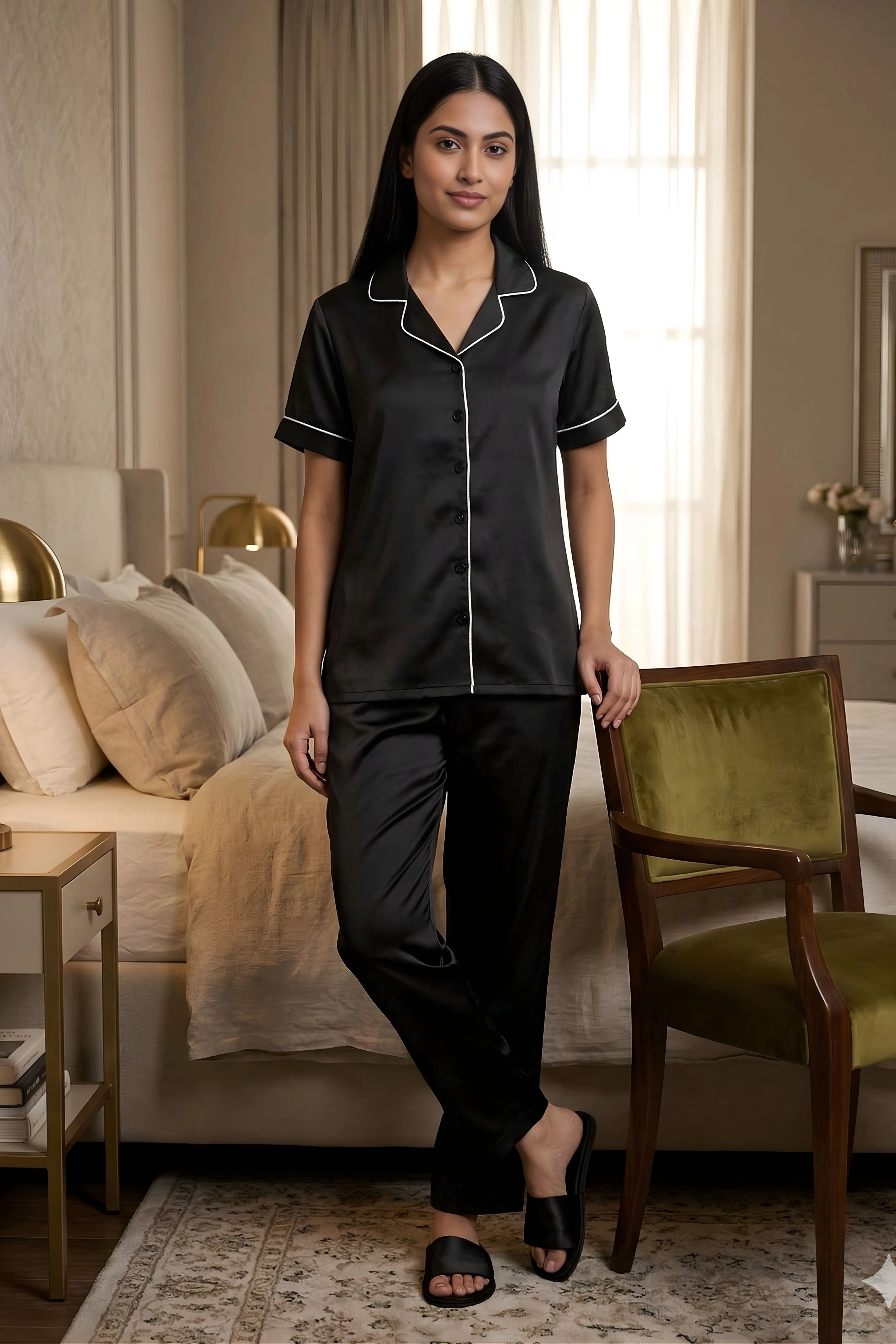 Black Satin Night Suit Set