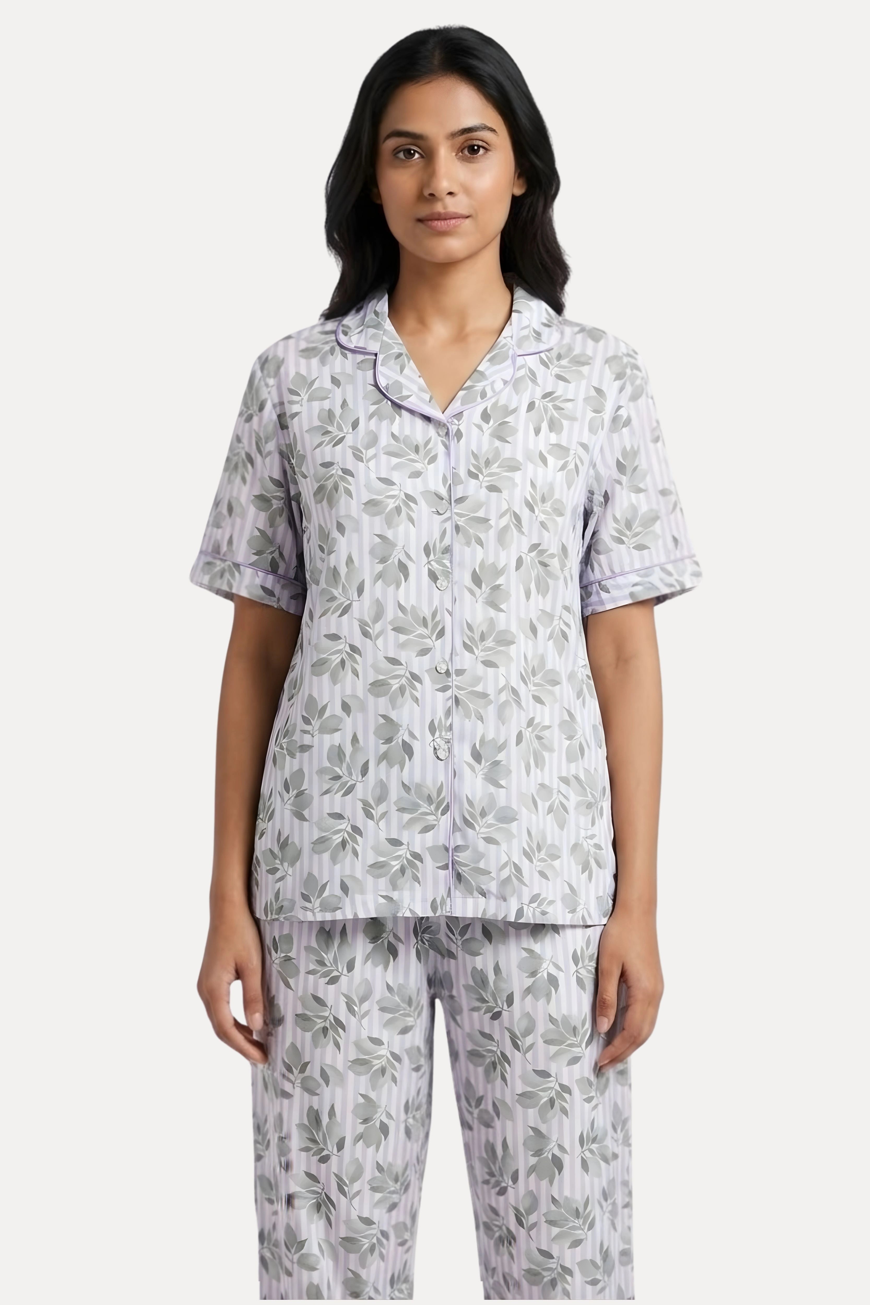 Lavender Printed Cotton Night Suit Set