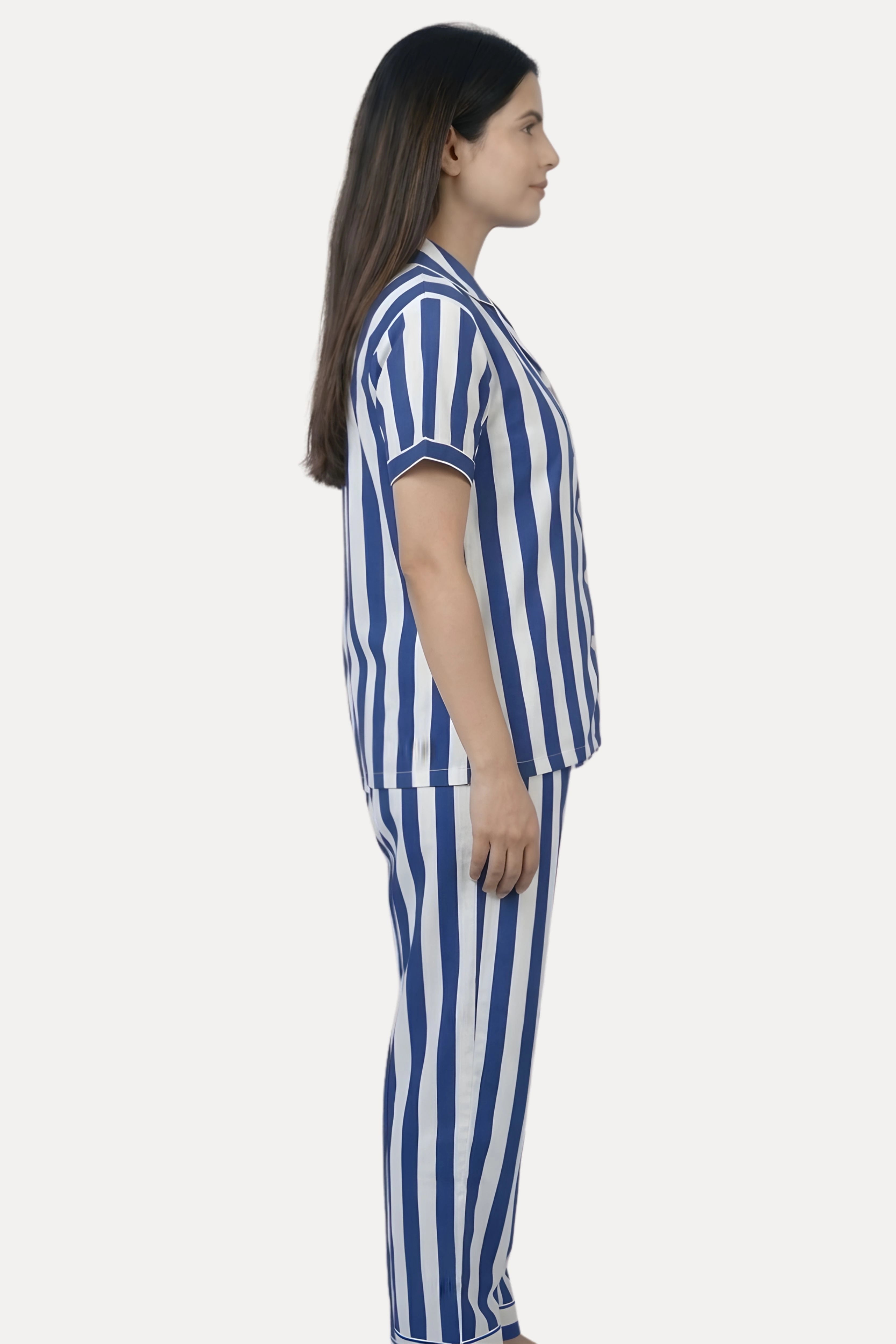 Navy Blue Striped Cotton Night Suit Set