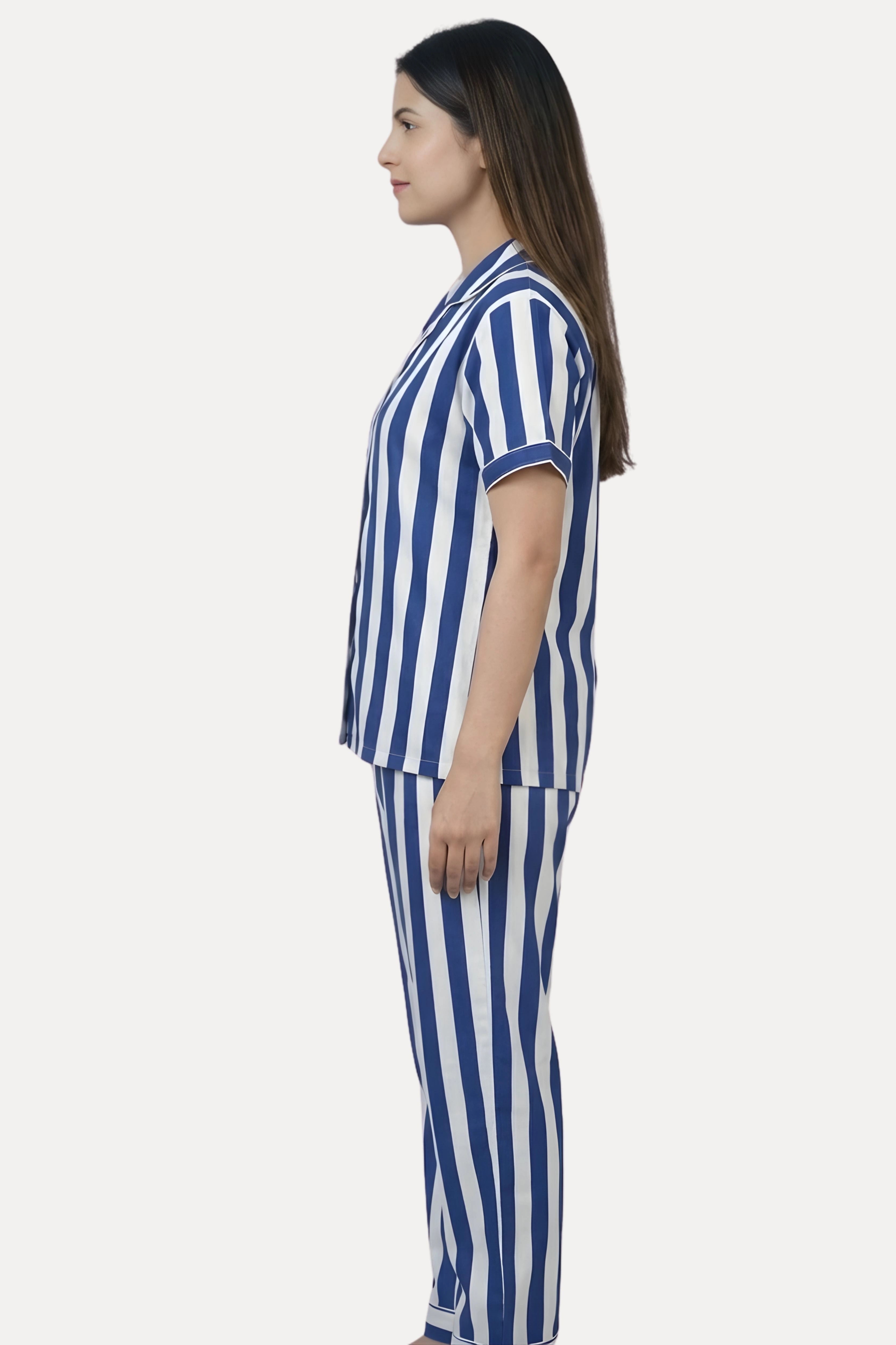 Navy Blue Striped Cotton Night Suit Set