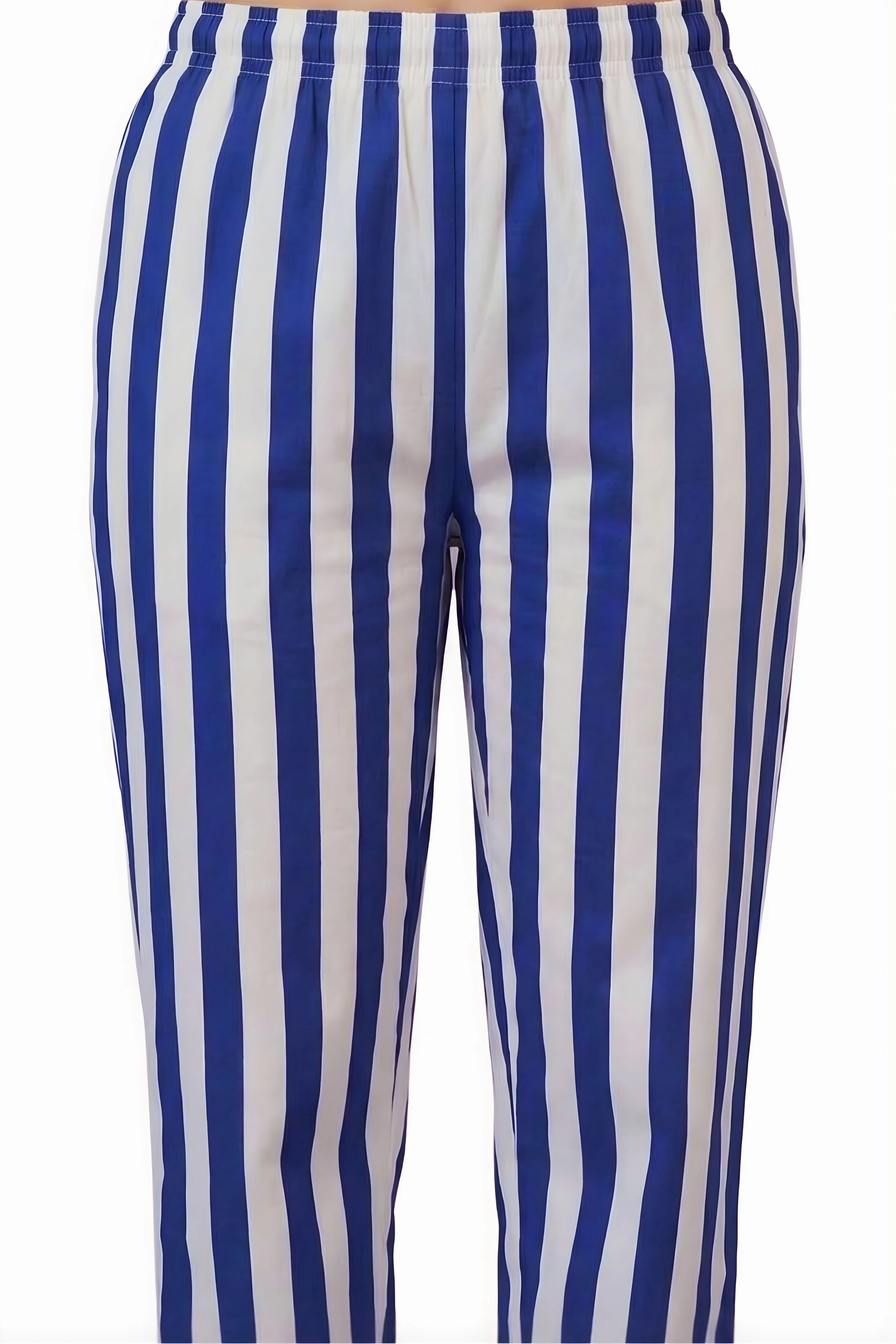 Navy Blue Striped Cotton Night Suit Set