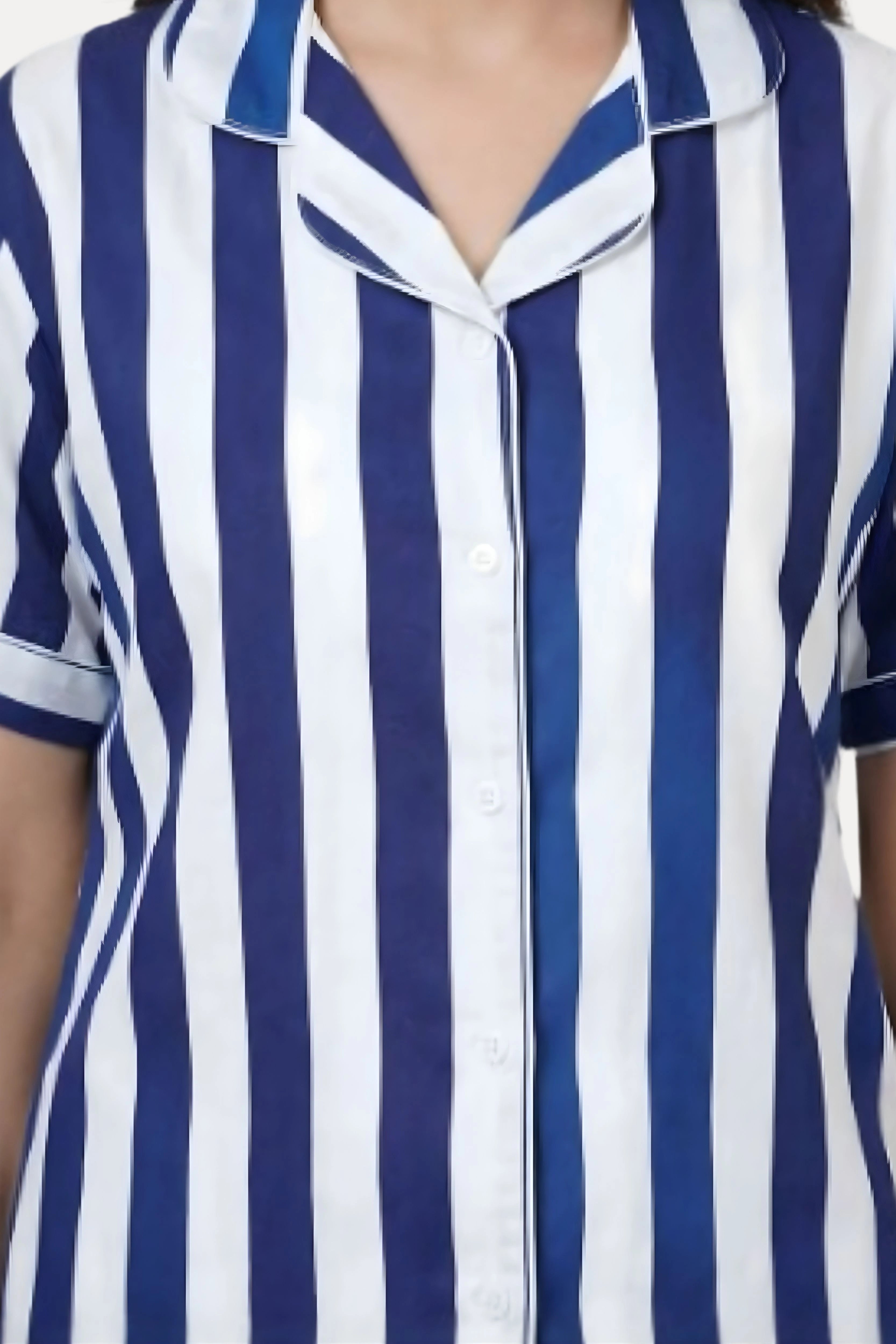 Navy Blue Striped Cotton Night Suit Set