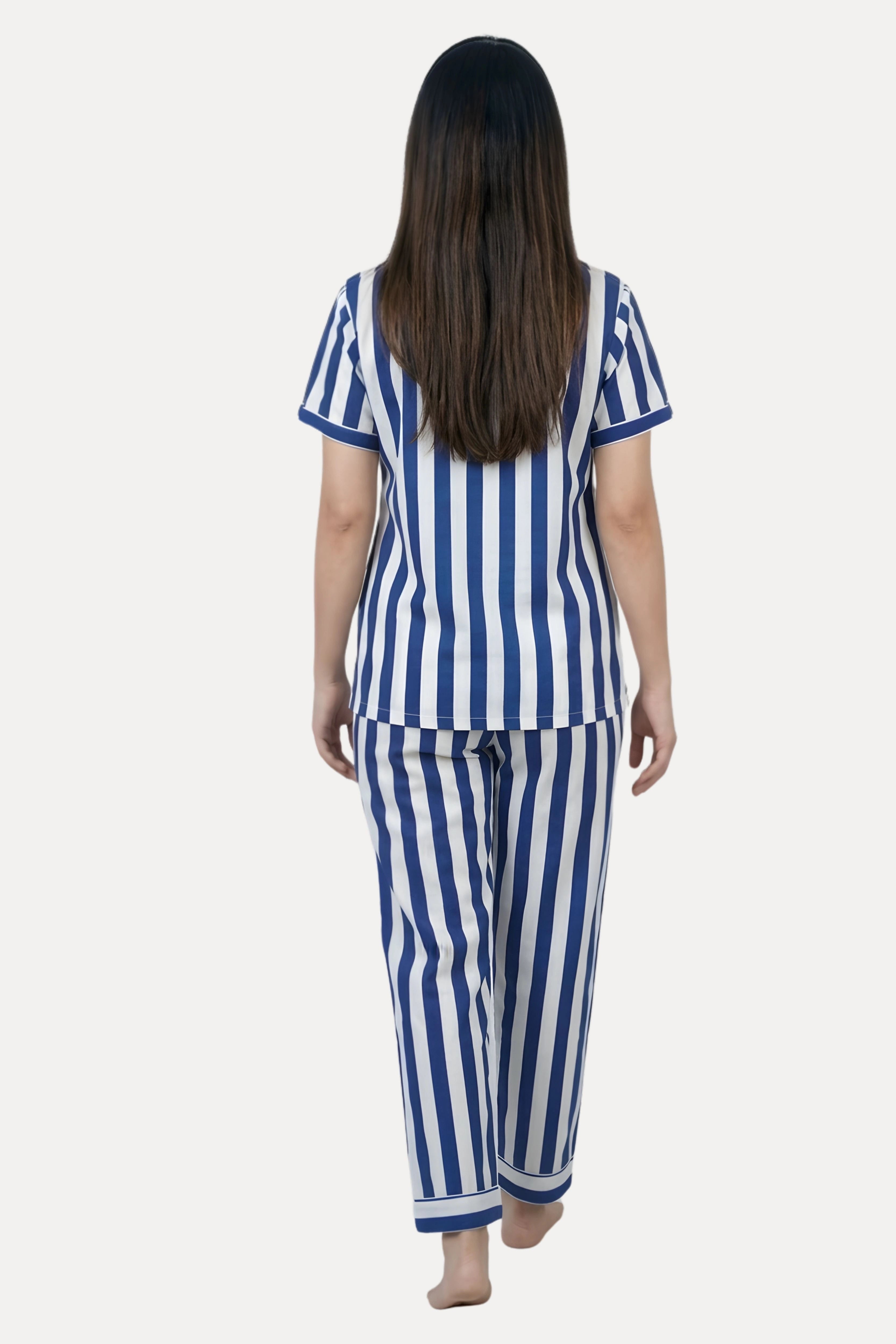 Navy Blue Striped Cotton Night Suit Set