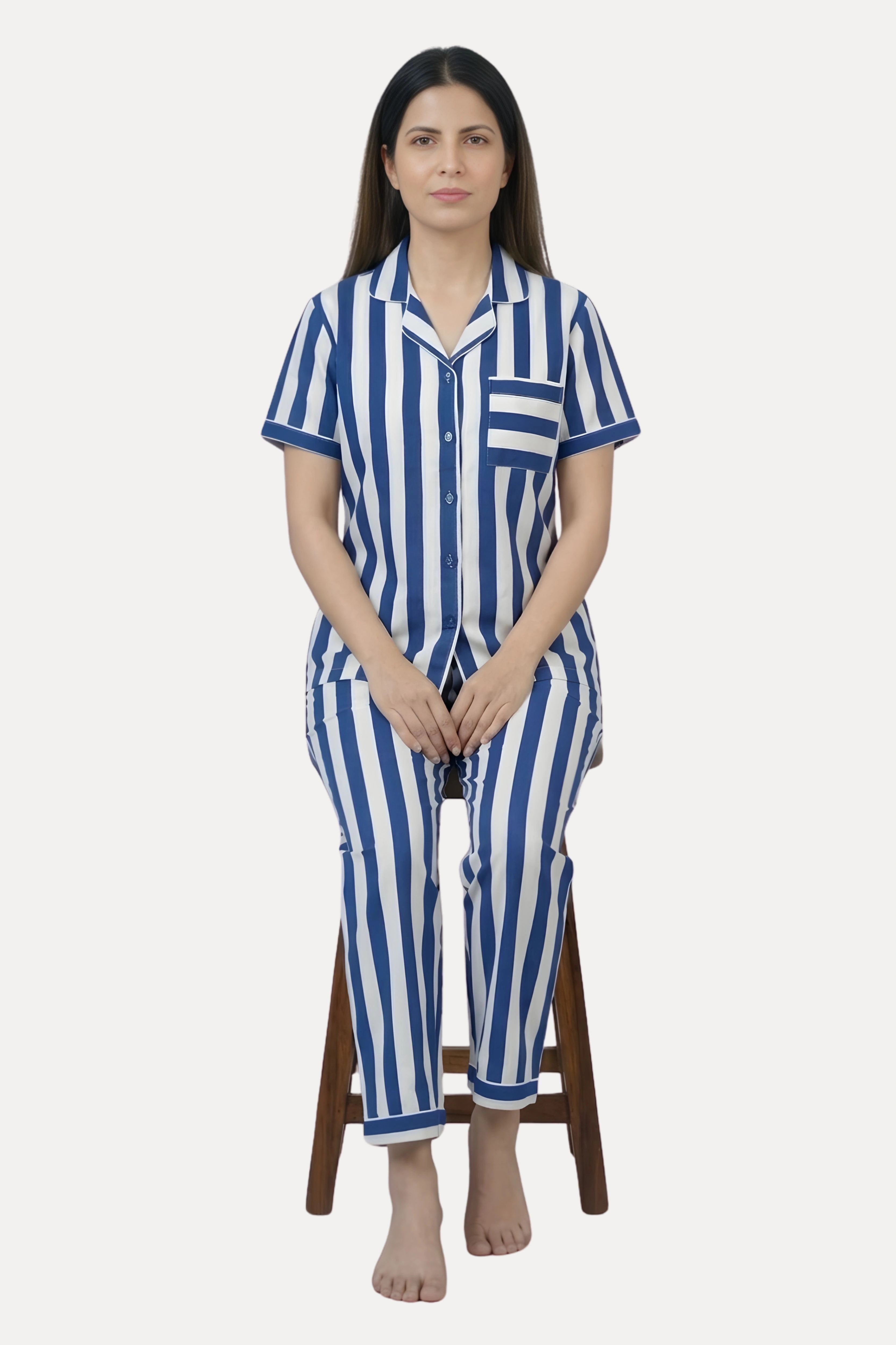 Navy Blue Striped Cotton Night Suit Set