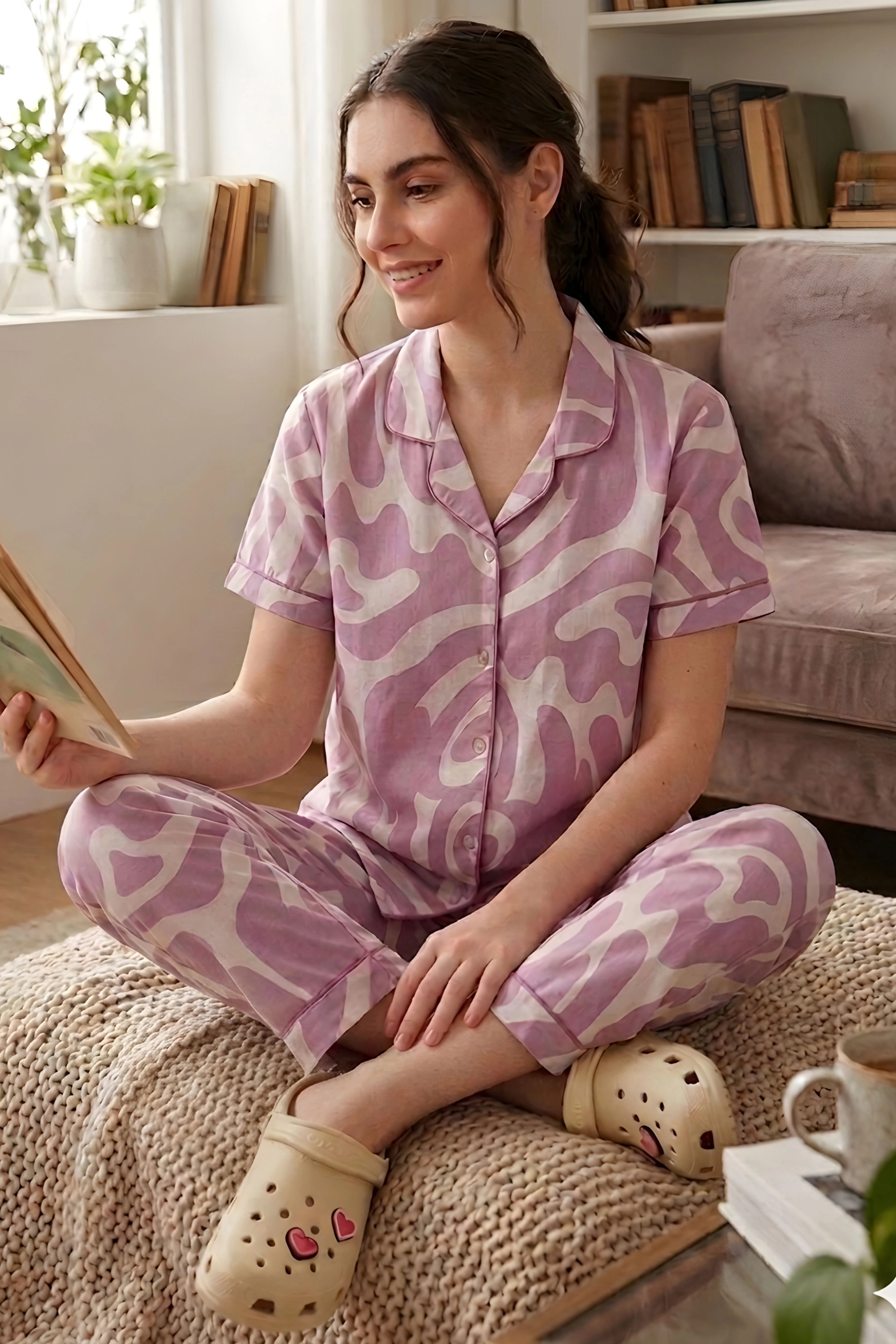 Pink Abstract Print Cotton Night Suit Set