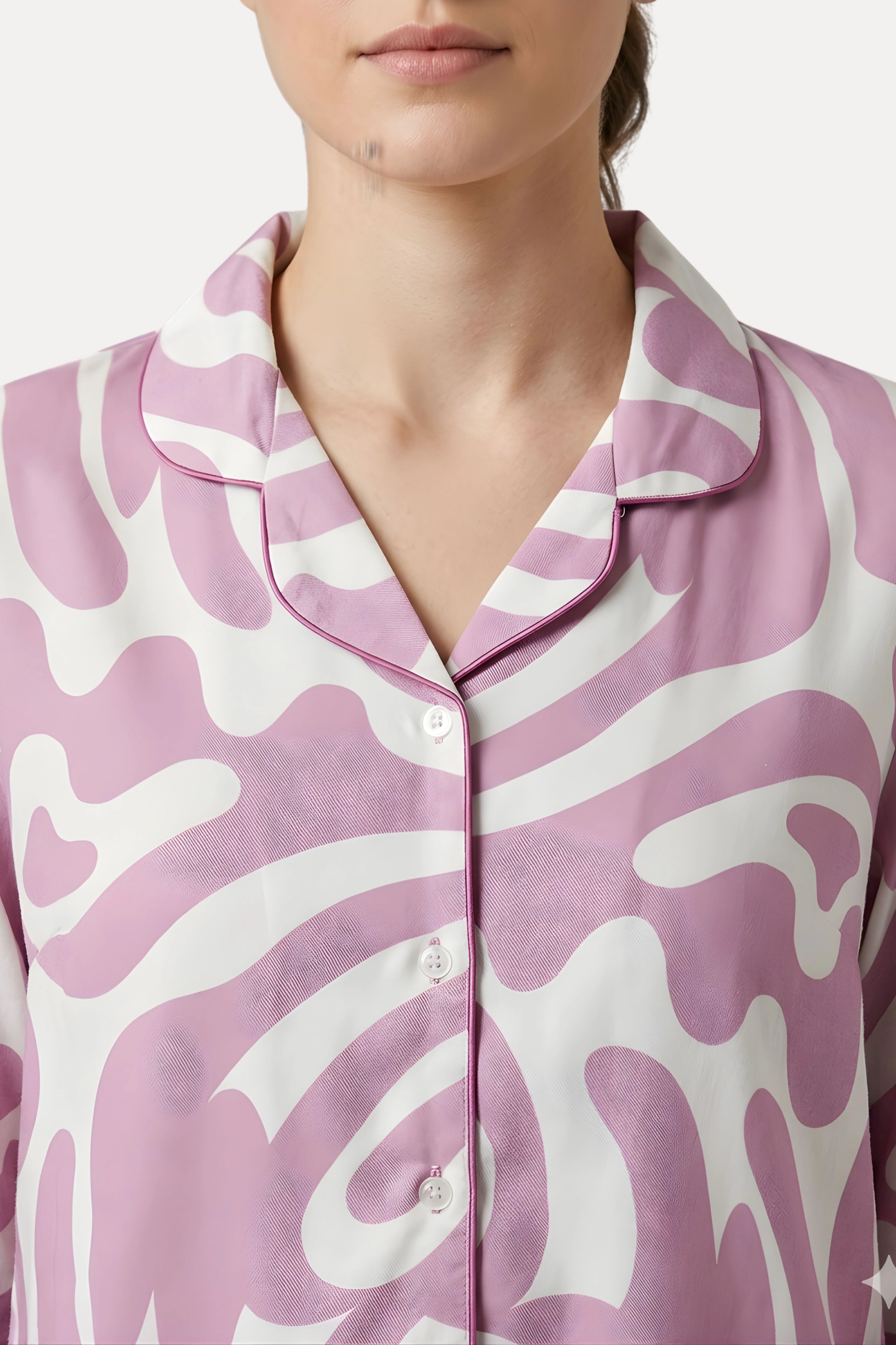 Pink Abstract Print Cotton Night Suit Set
