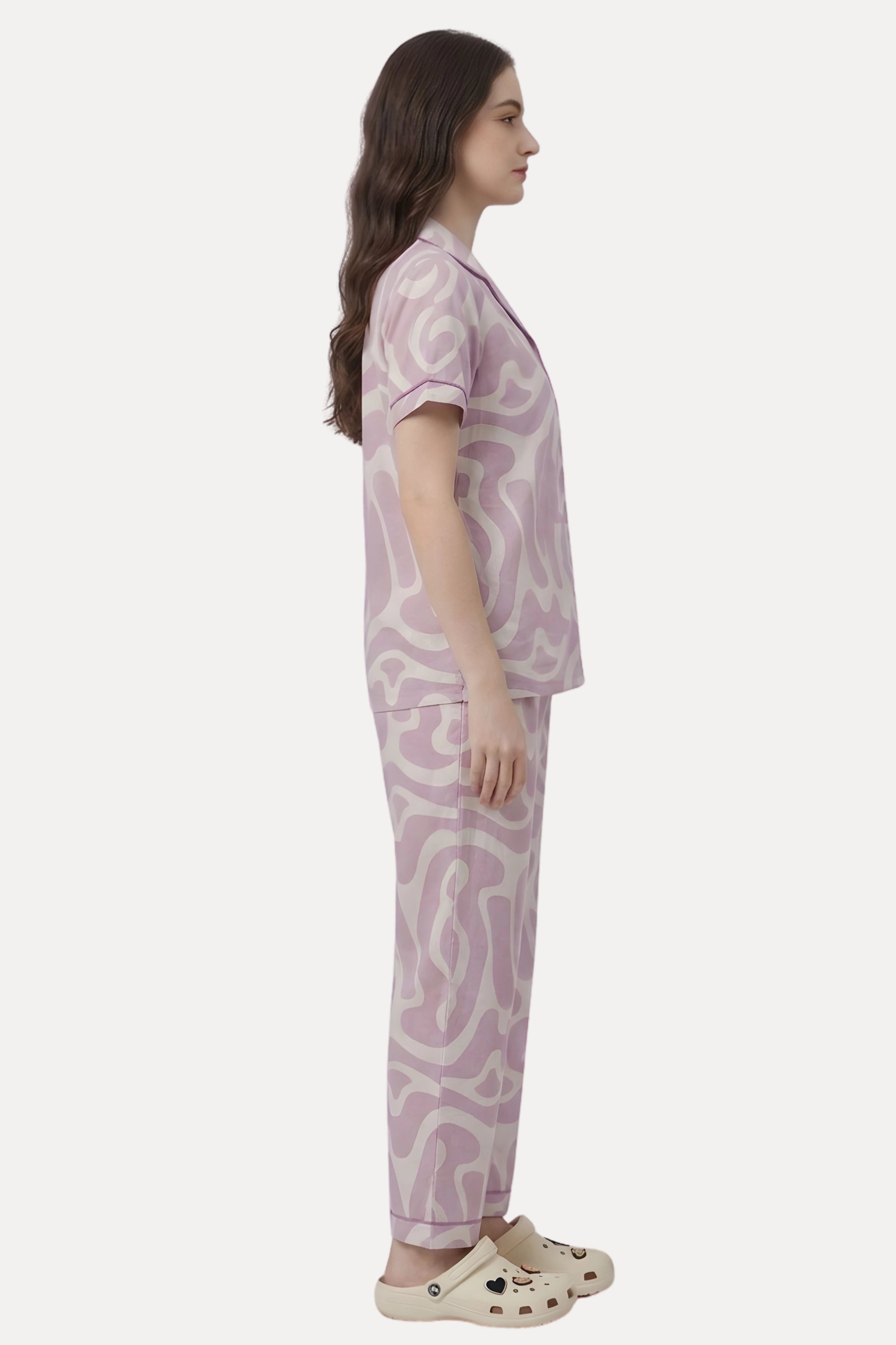 Pink Abstract Print Cotton Night Suit Set