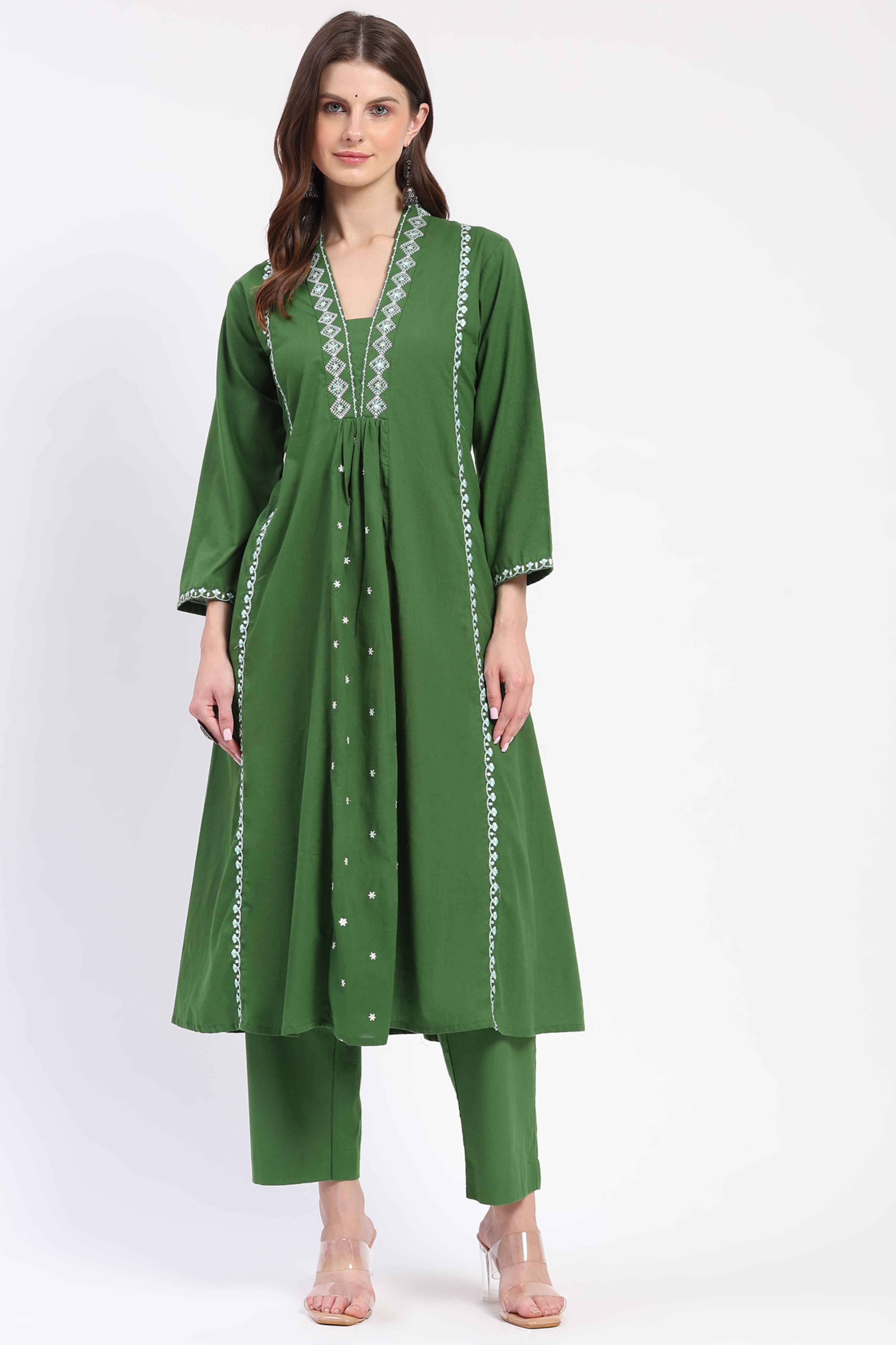 Green Embroidered A-Line Kurta Set